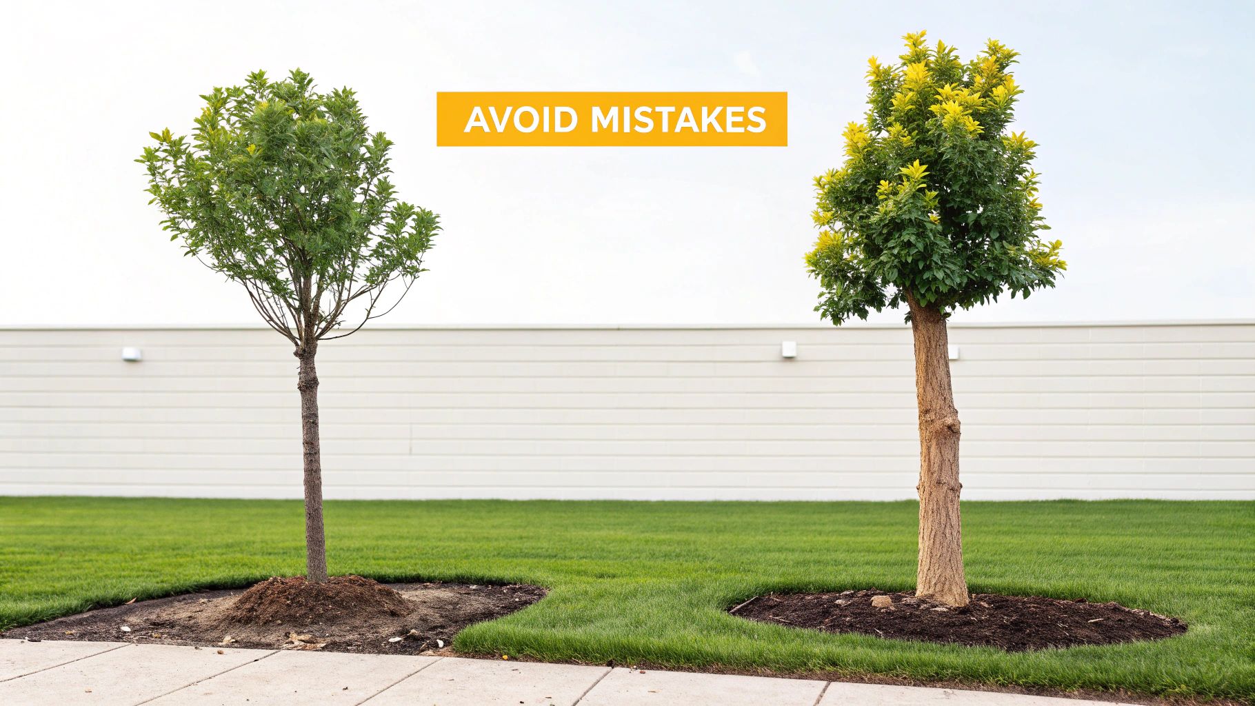 Two young trees, one with incorrect volcano mulching, the other correctly mulched, illustrating care mistakes.