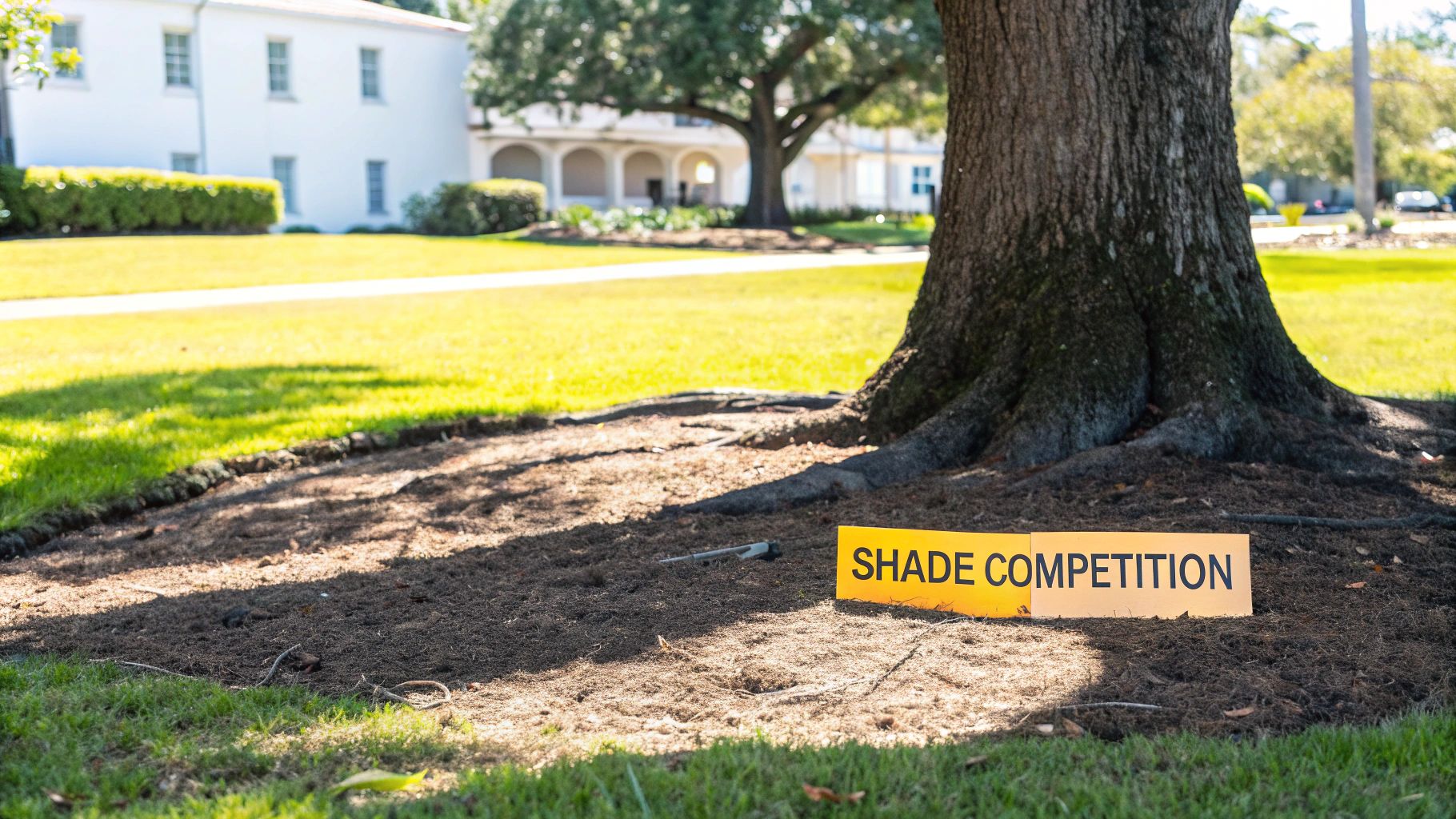 A yellow sign reads "SHADE COMPETITION" at the base of a large tree in a sunny park.