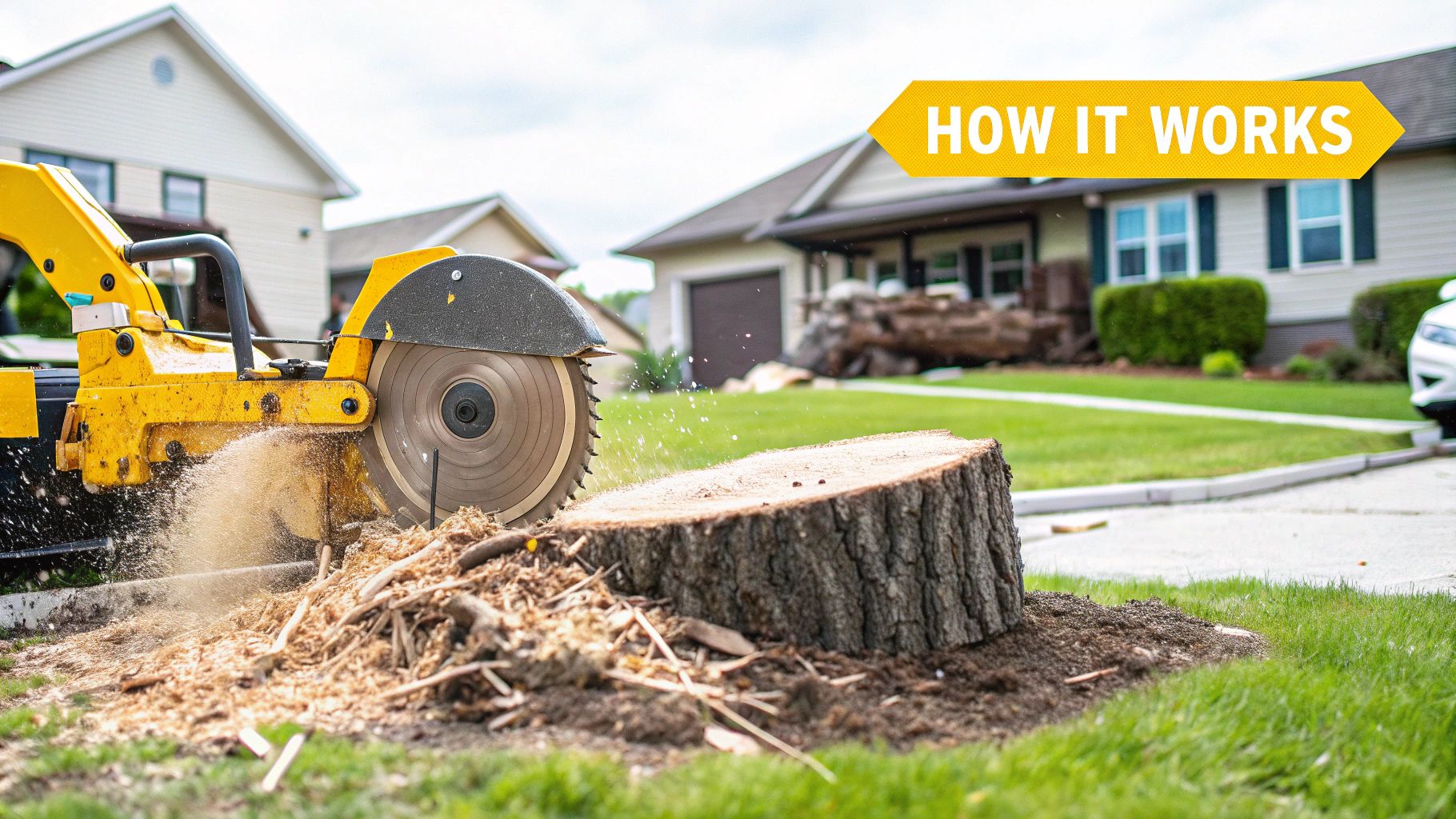 A yellow stump grinder actively grinds a large tree stump in a residential front yard, producing wood chips.