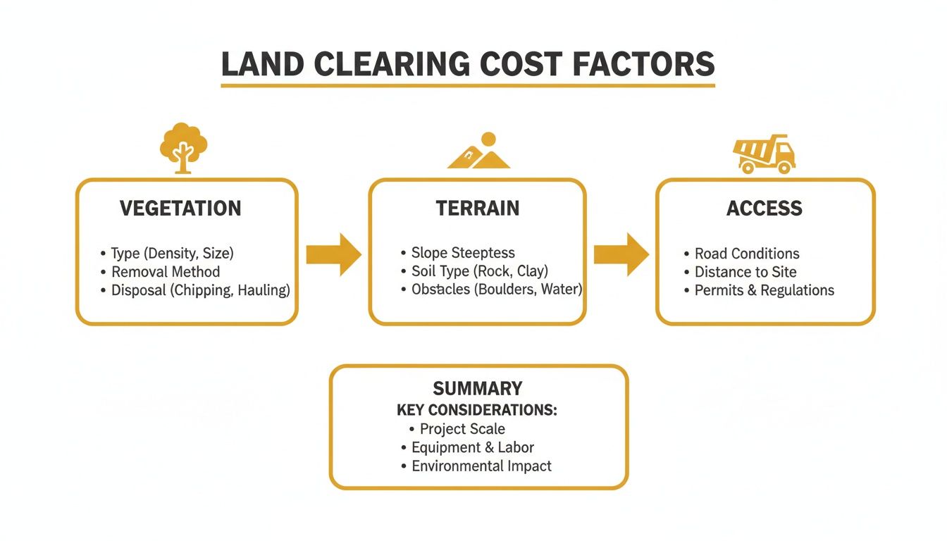 Infographic outlining land clearing cost factors including vegetation, terrain, access, and key considerations.