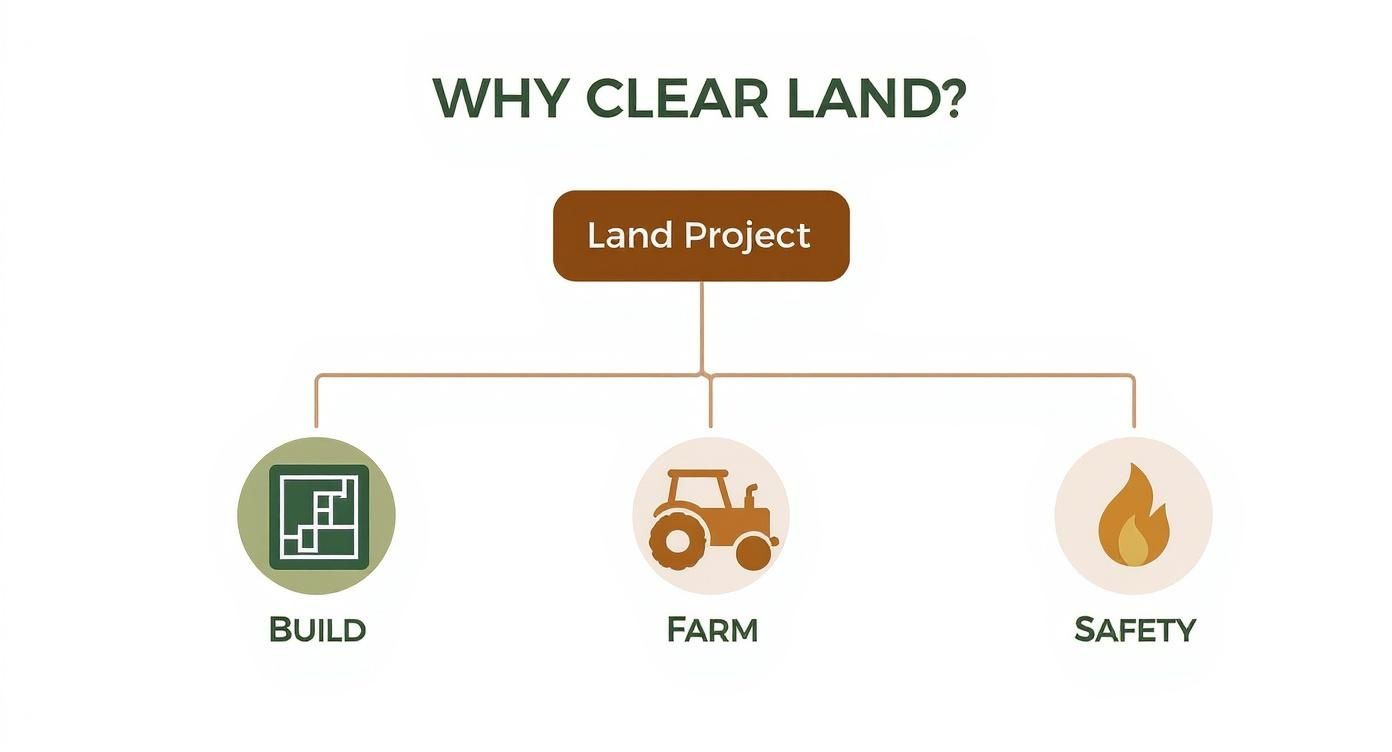 An infographic decision tree showing the main reasons for land clearing, such as for building, farming, or safety.