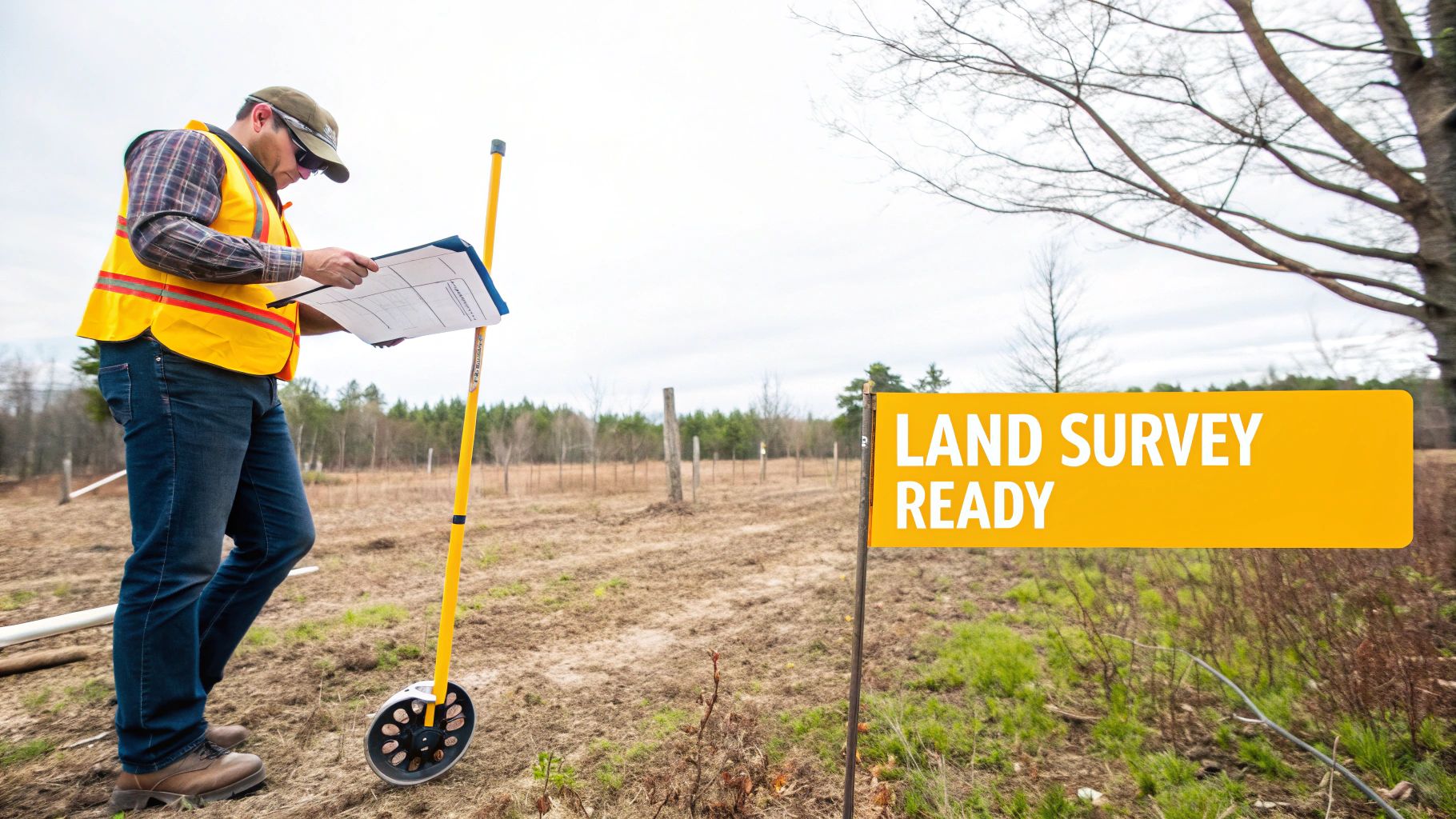 A land surveyor in a safety vest reviews blueprints in a cleared field, next to a measuring wheel and a sign that reads 'LAND SURVEY READY'.