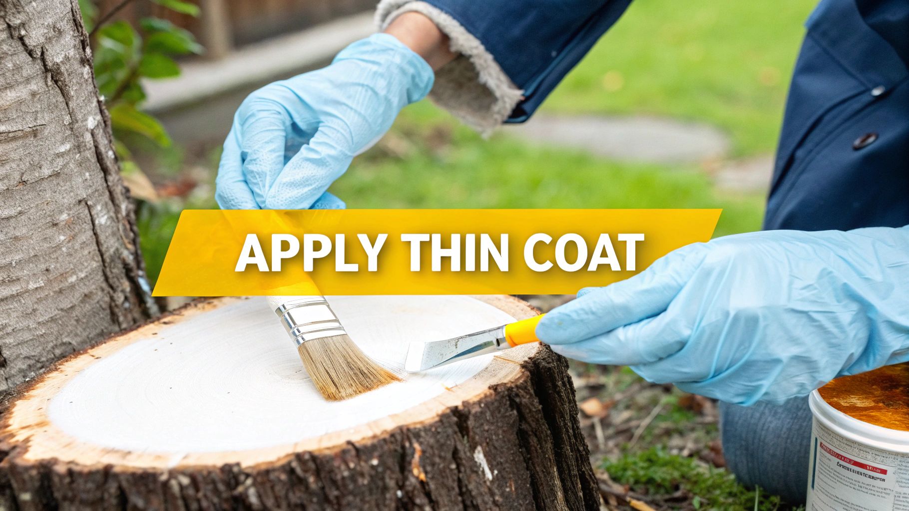 A person in blue gloves applying a thin white coat to a freshly cut tree stump.