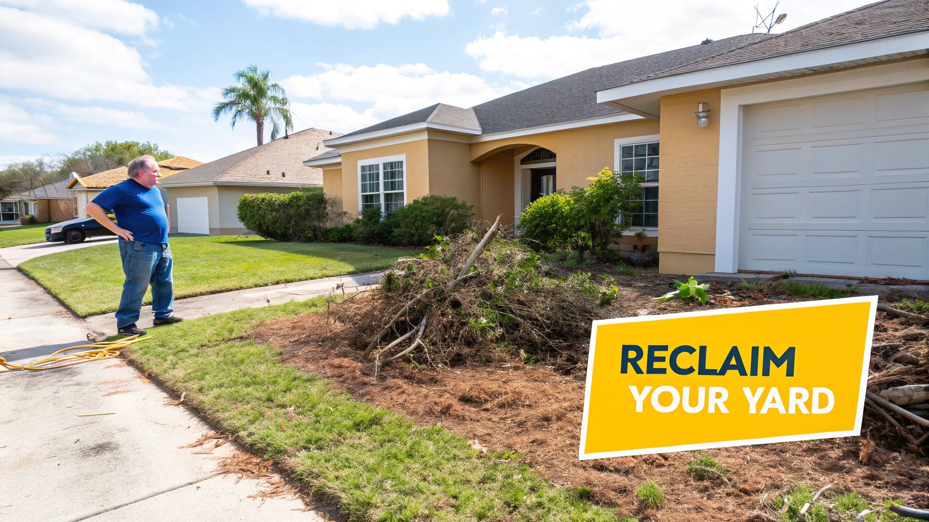 Man standing next to a large pile of removed branches and a 'Reclaim Your Yard' sign.