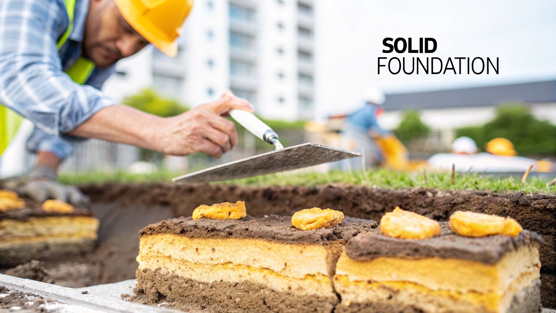 A construction worker in a hard hat and vest uses a trowel over layered soil resembling cake slices, with text 'SOLID FOUNDATION'.