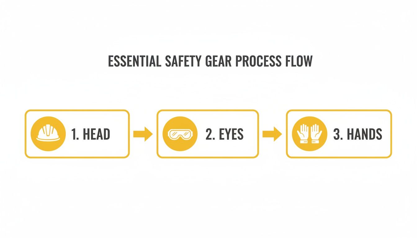 A process flow diagram illustrating essential safety gear for head, eyes, and hands.