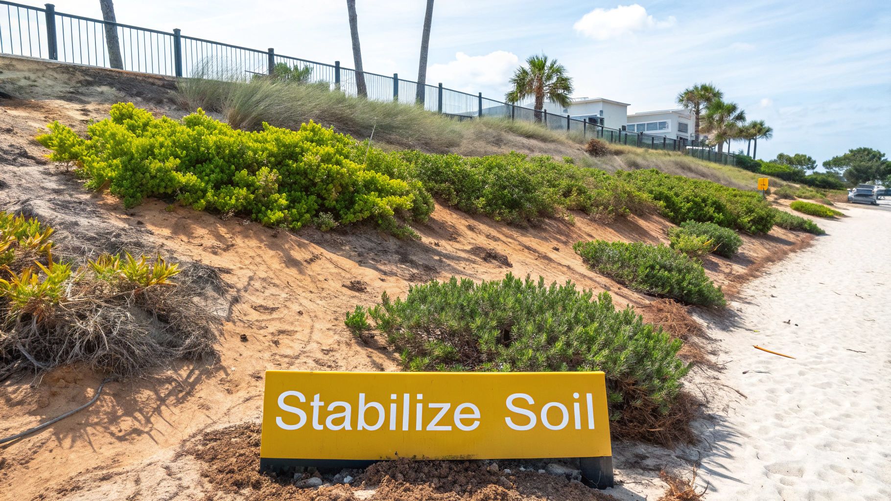 Coastal sand dune with native vegetation and stabilize soil sign for erosion control