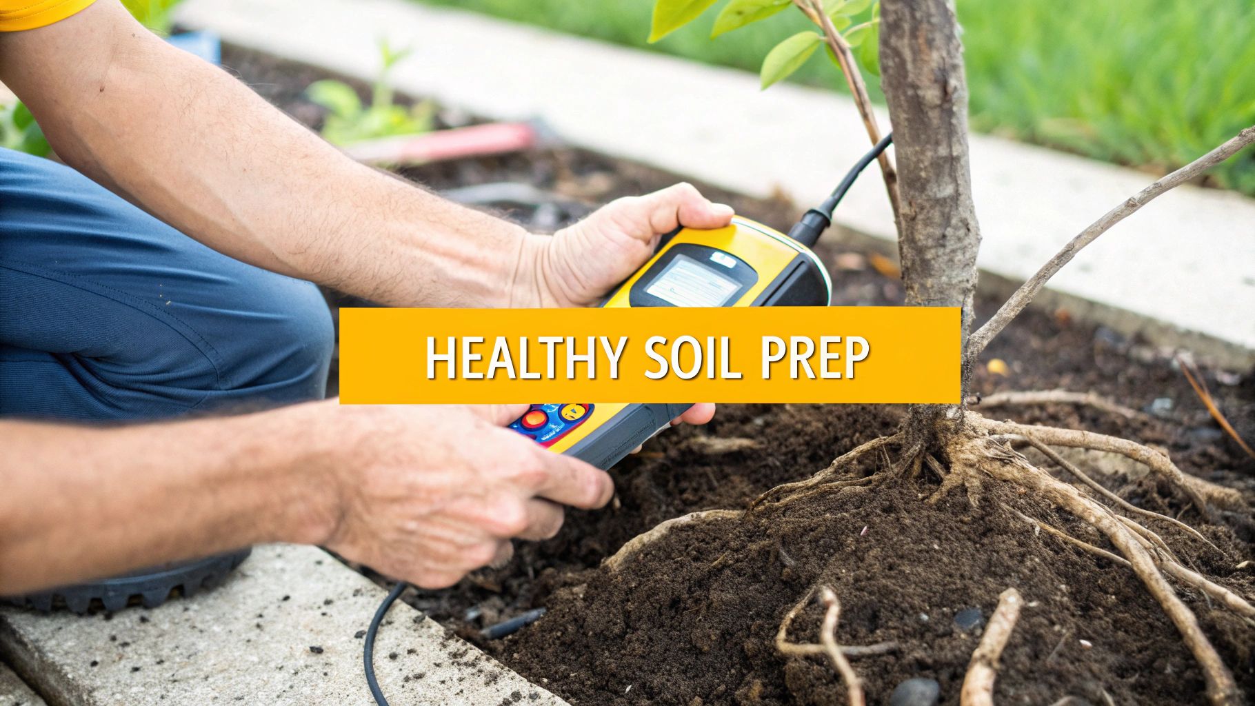 A person uses a yellow soil testing meter to check soil health near the exposed roots of a small tree.