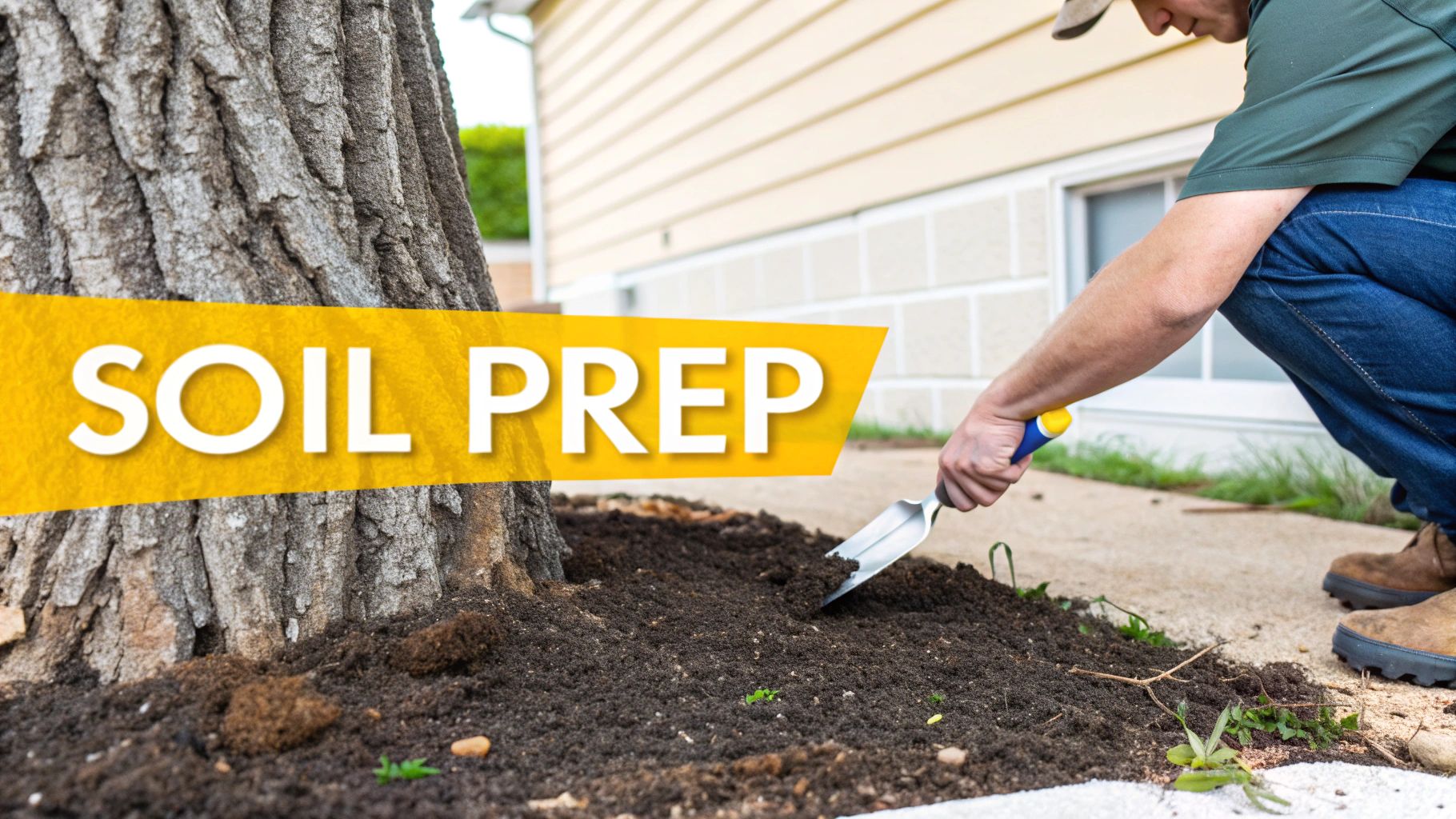 A person kneels, using a hand trowel to prepare soil around the base of a tree, with a 'SOIL PREP' banner.