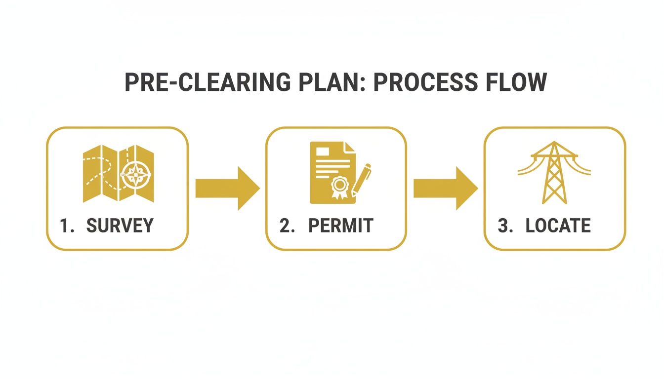 A pre-clearing plan process flow illustrating three steps: survey, permit, and locate, with relevant icons.