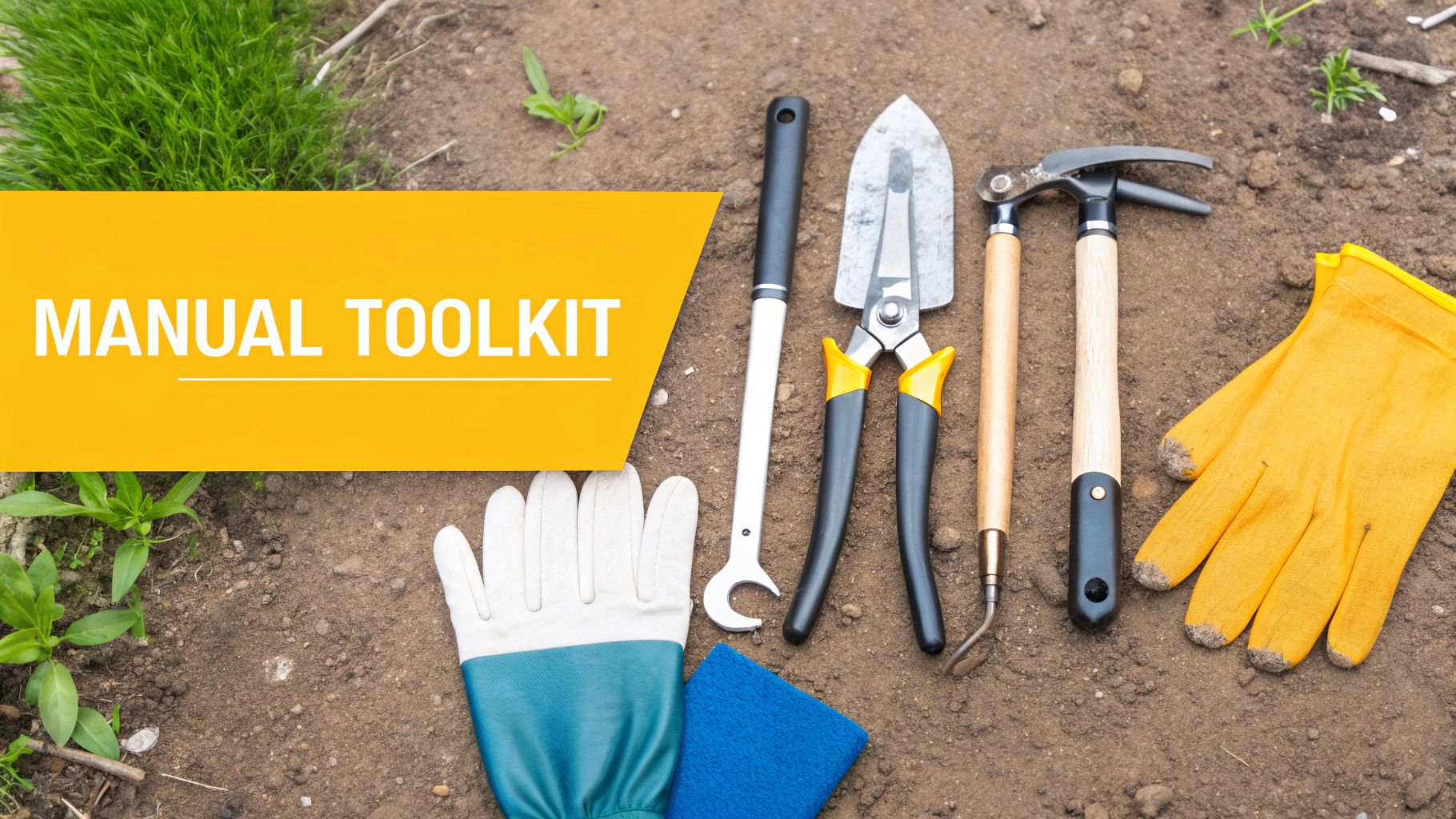 A flat lay of various gardening tools and protective gloves on brown soil with green plants.