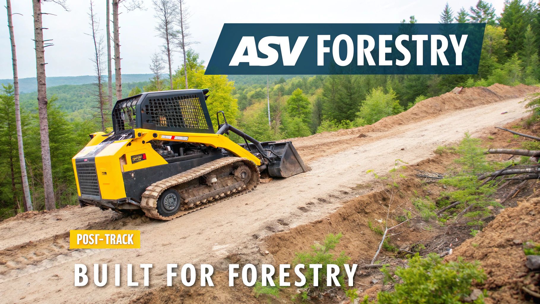 A yellow ASV compact track loader on a dirt road in a cleared forest area, branded 'ASV FORESTRY'.