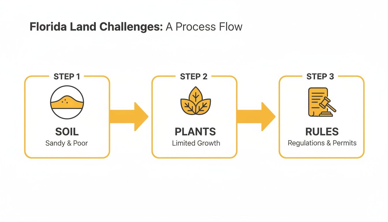 A three-step process flow depicting Florida land challenges: sandy soil, limited plant growth, and strict rules.