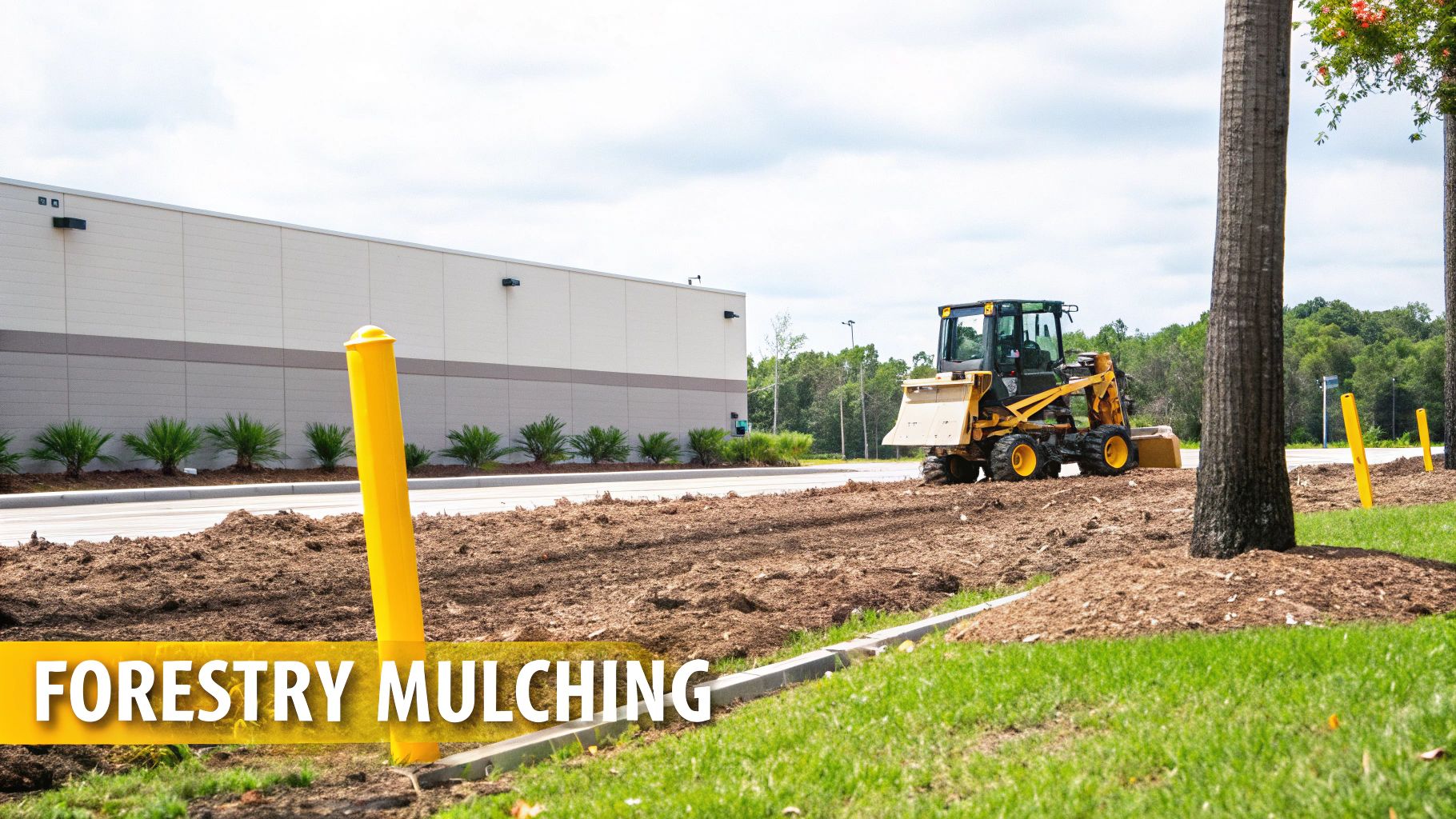 A yellow forestry mulching machine spreads mulch on a construction site with a building and palm trees.