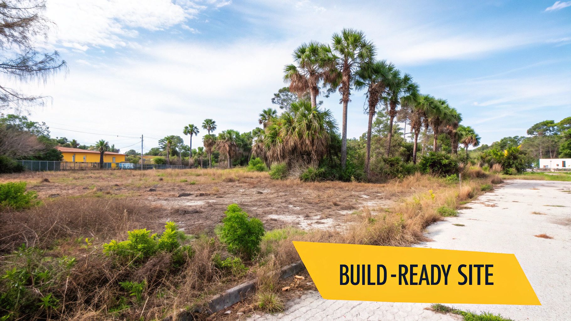 A build-ready site with cleared land, palm trees, and a distant yellow building under a blue sky.
