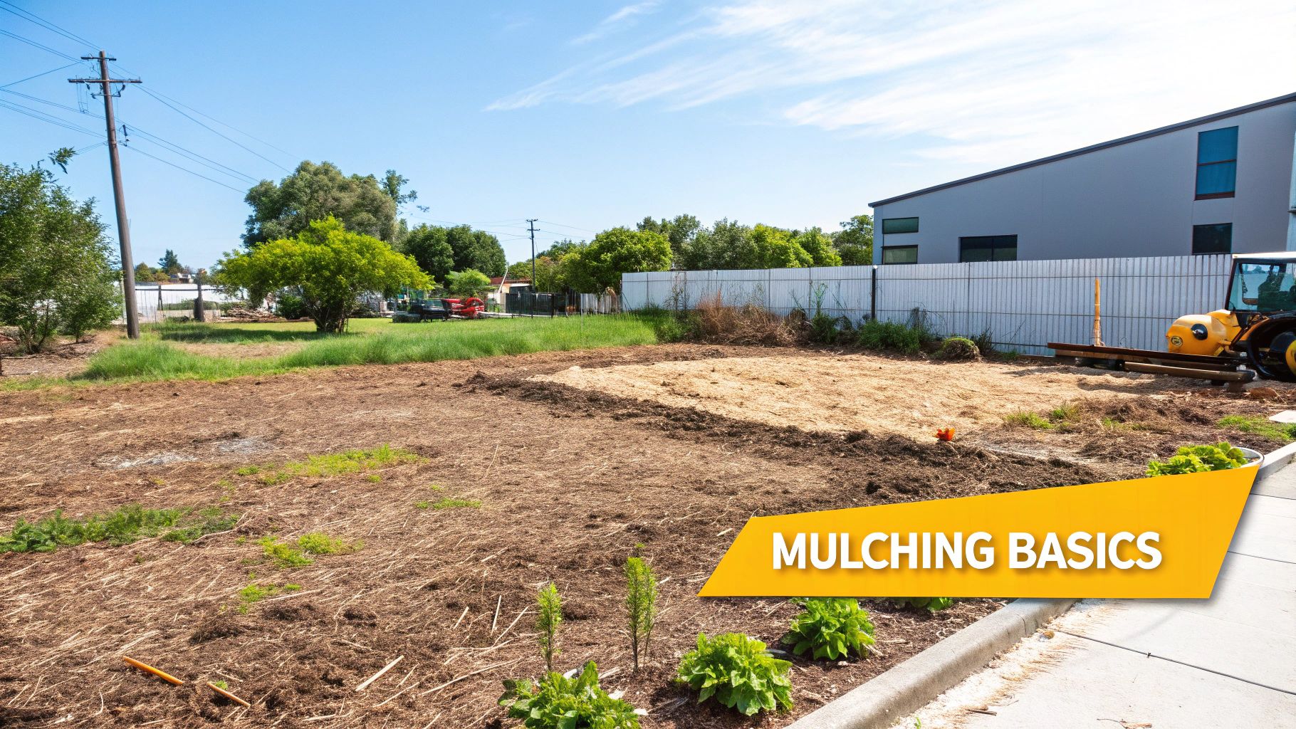 An excavator with a mulching attachment clearing dense brush and small trees.