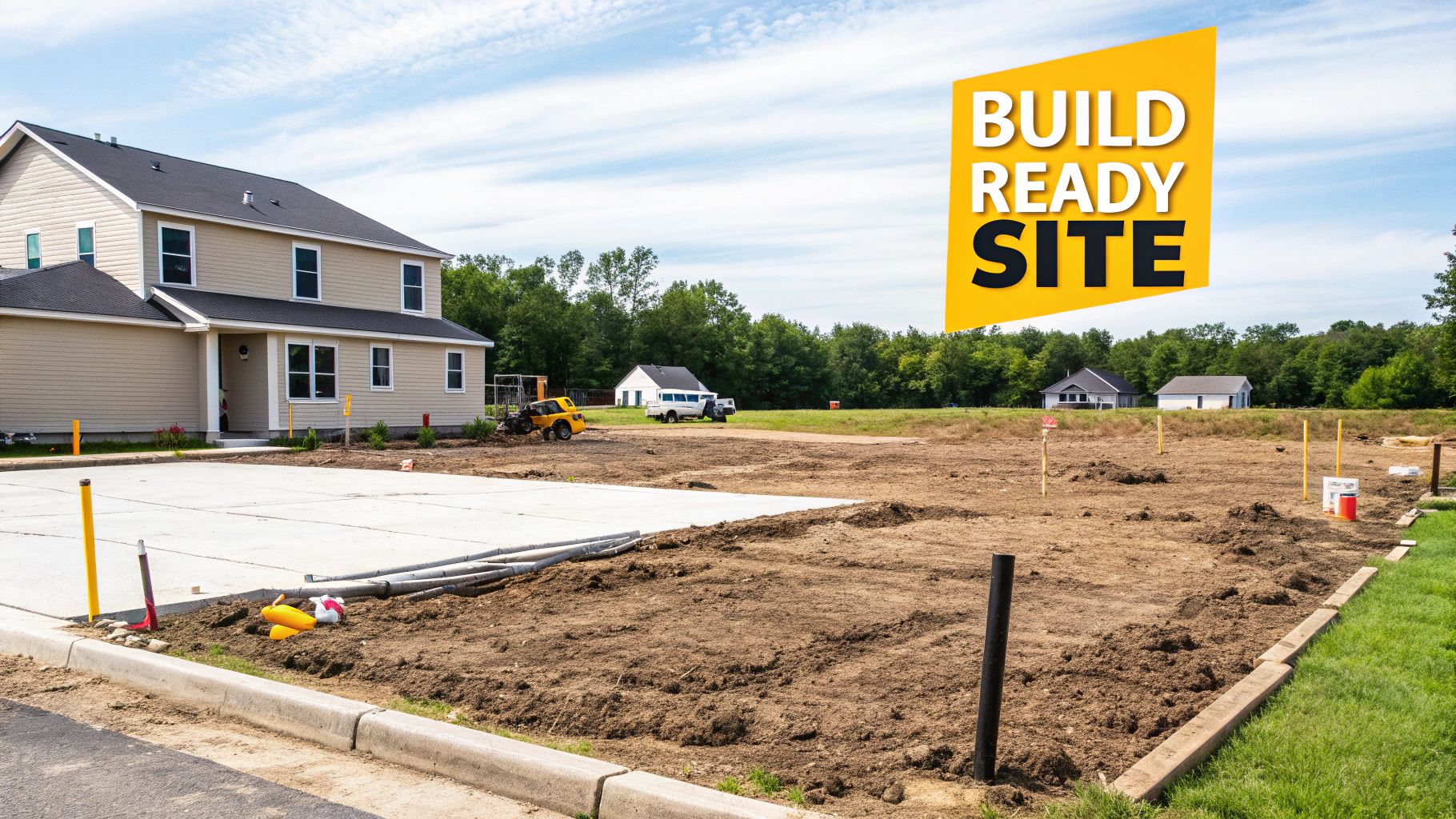 A sunny construction site with a finished house and a cleared lot marked "BUILD READY SITE".