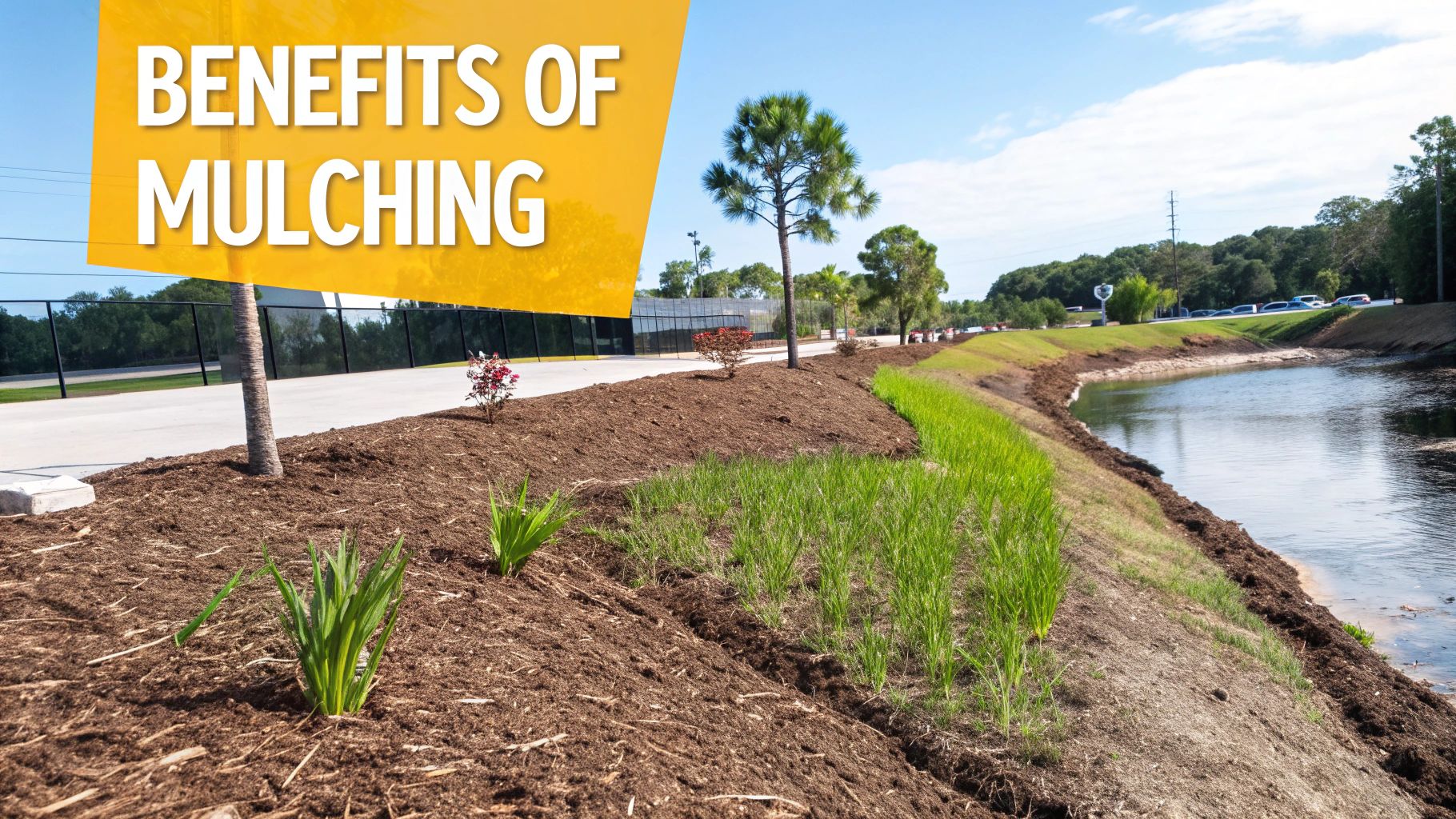 A vibrant landscape featuring fresh mulch, new green plants, and trees alongside a river, promoting mulching benefits.