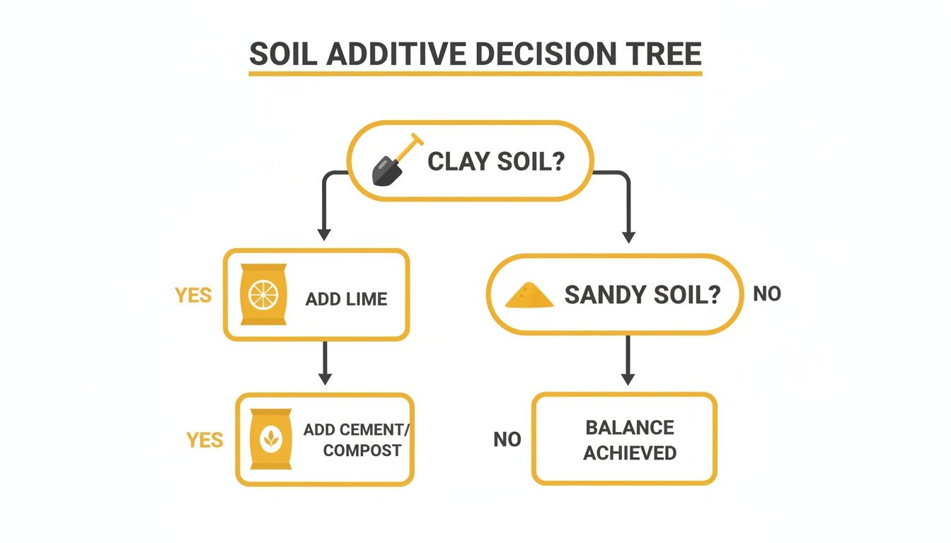 A decision tree illustrating the process for adding soil additives based on identifying clay or sandy soil.