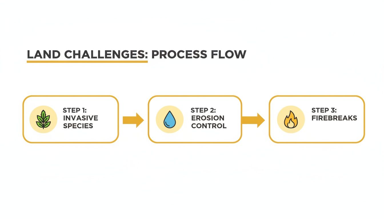 Process flow diagram illustrating land challenges management steps: invasive species, erosion control, and firebreaks.