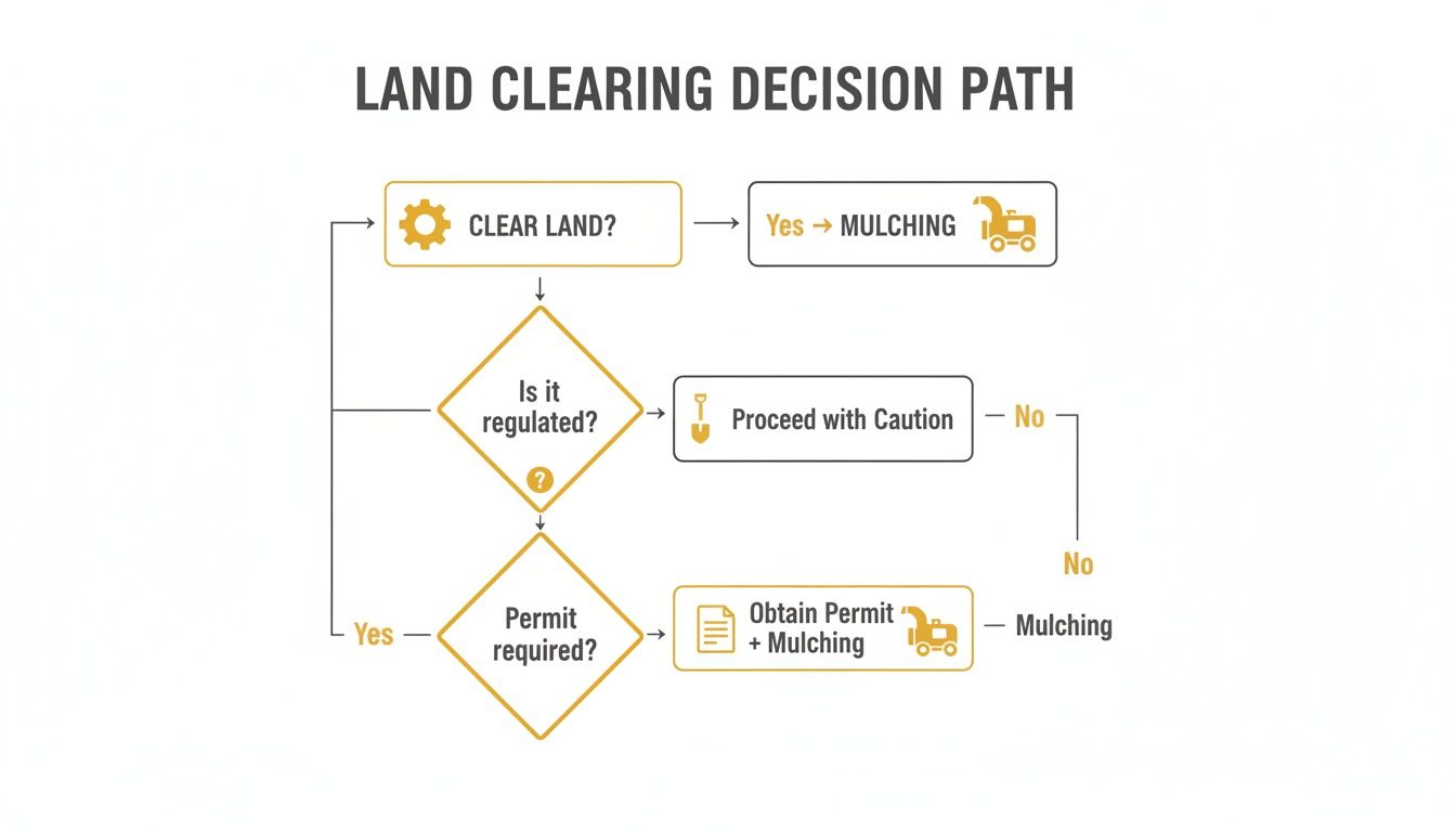 A flowchart outlining the land clearing decision path, including regulation, permits, and mulching steps.