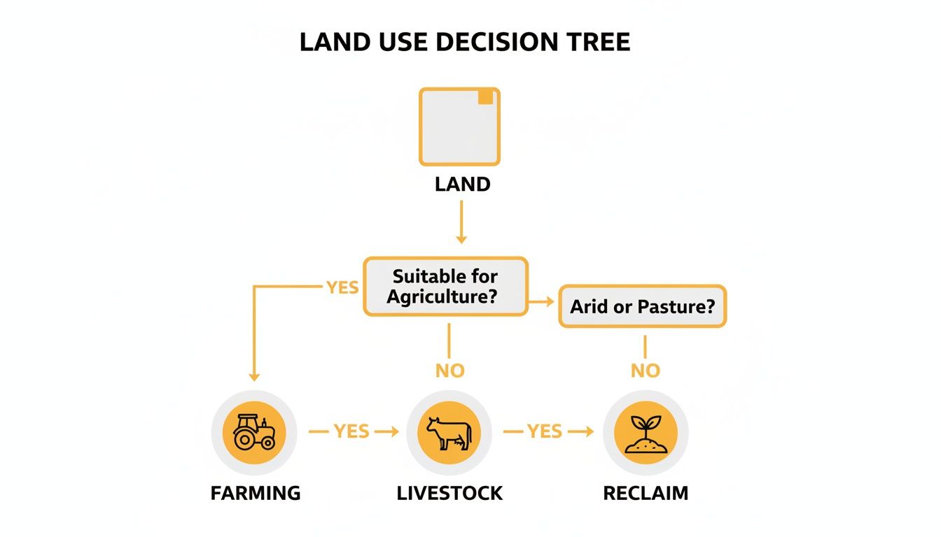 A land use decision tree flowchart illustrating choices for farming, livestock, or land reclamation.