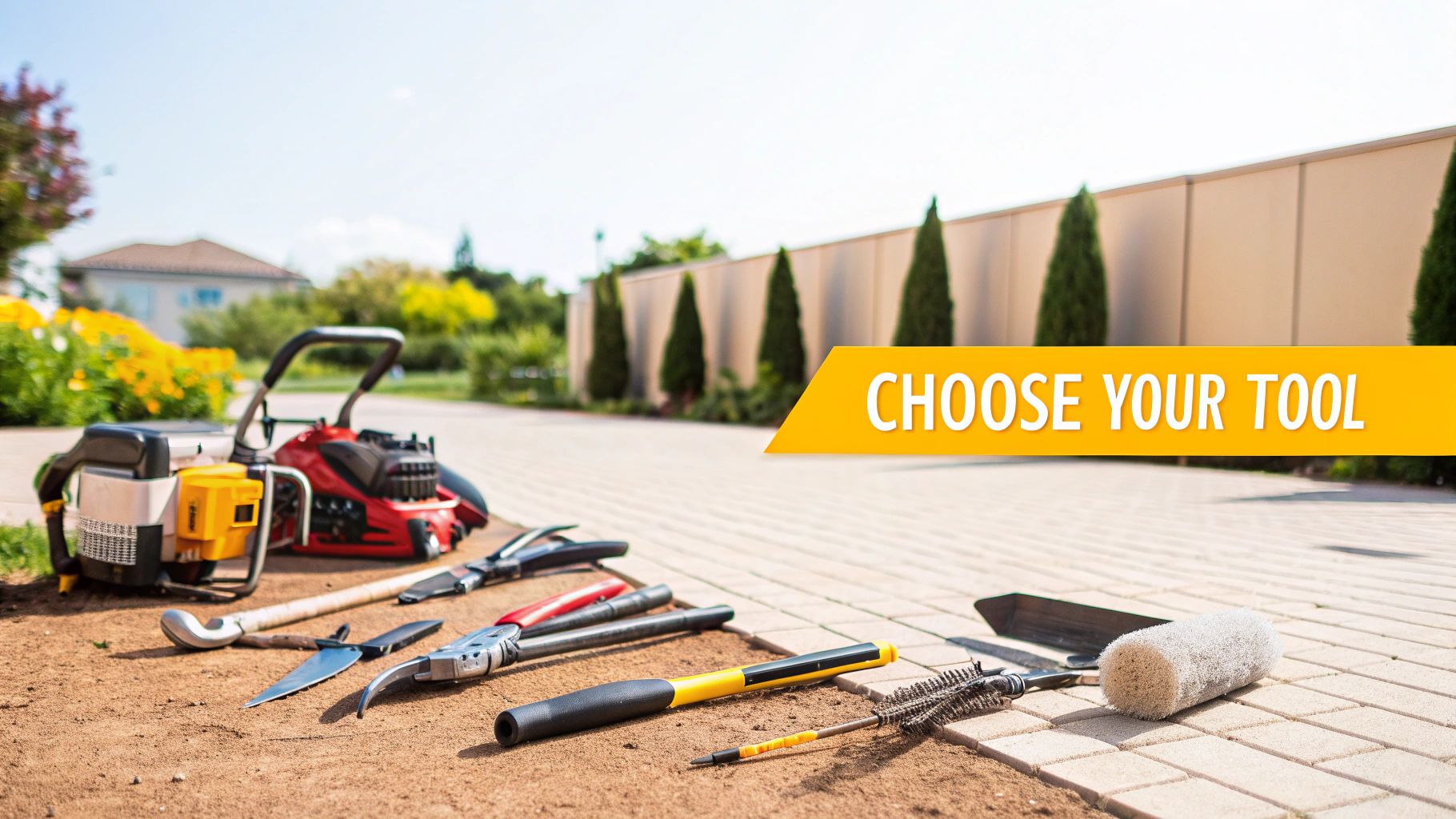 Gardening and landscaping tools like a chainsaw, lawnmower, and various hand tools for outdoor work.