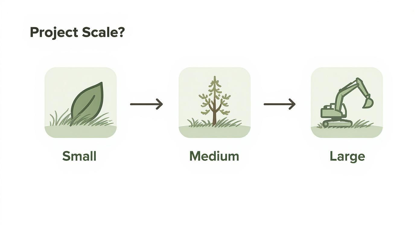 Diagram showing project scale: small (leaf), medium (tree), and large (excavator) with arrows.