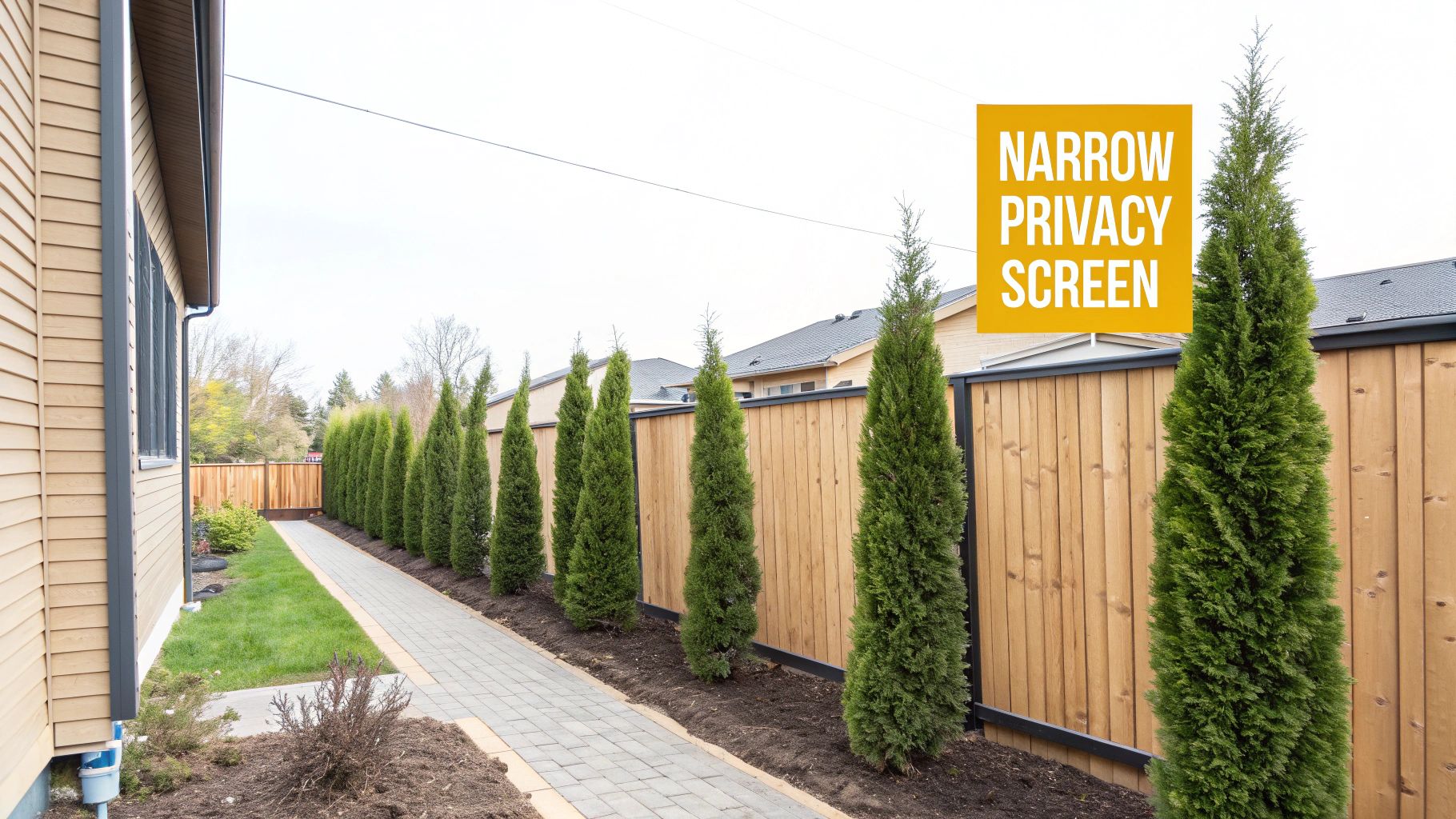 A row of tall, narrow evergreen trees planted along a wooden privacy fence, creating a screen beside a paved path and house.