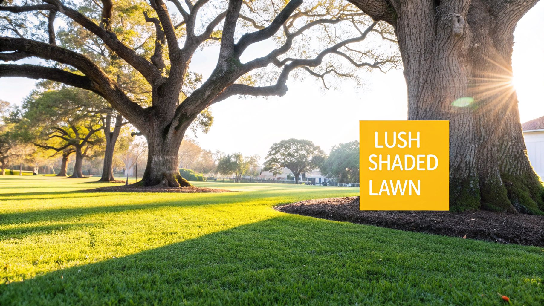 Bright sun illuminates a lush green lawn partially shaded by large, mature trees.