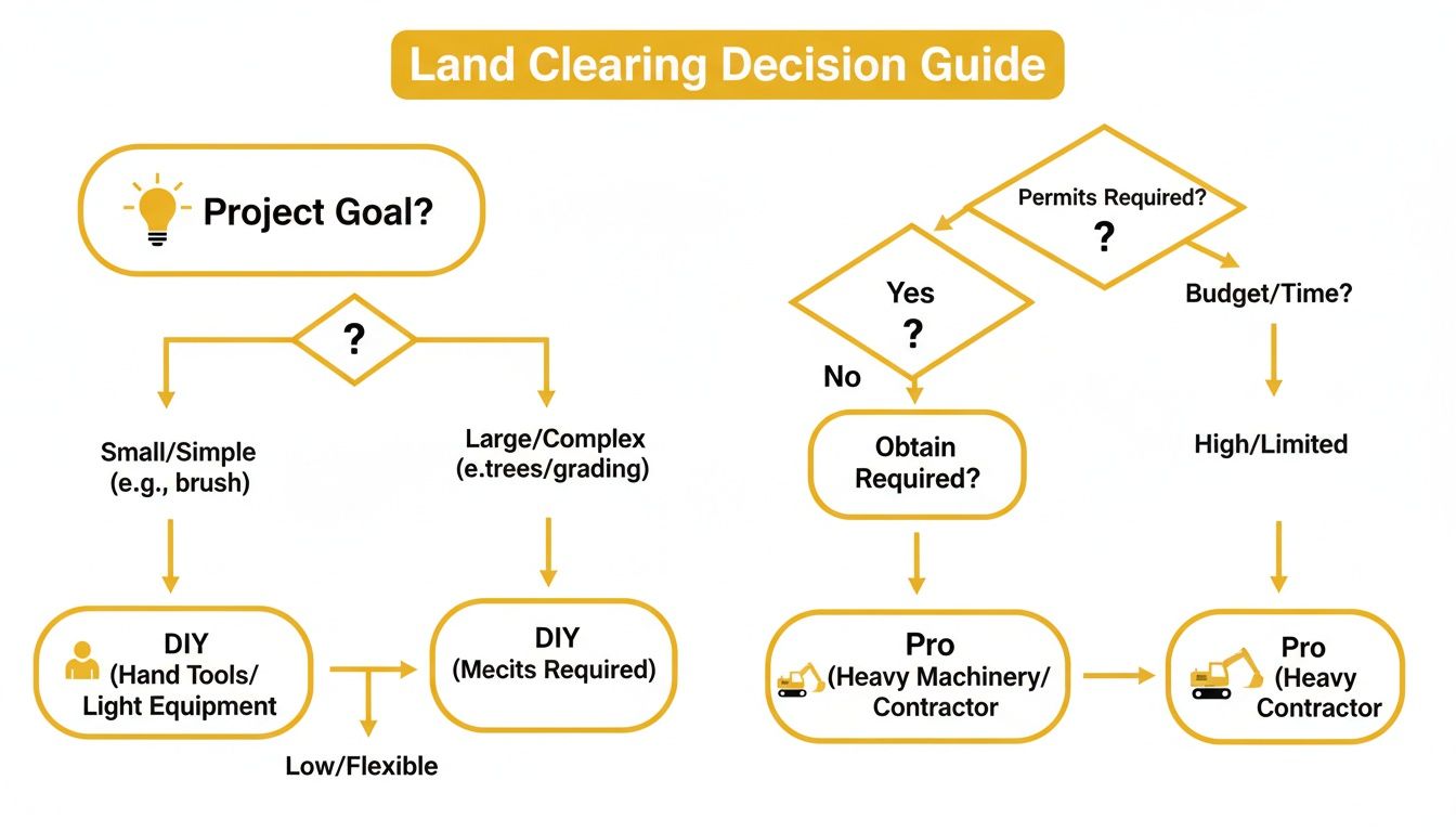 A flowchart guiding land clearing decisions, detailing DIY or professional options based on project scope, permits, and budget.