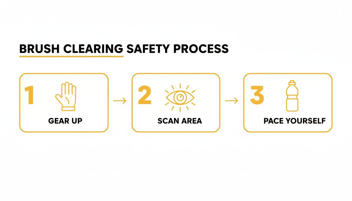An infographic outlining a 3-step brush clearing safety process: gear up, scan area, and pace yourself.