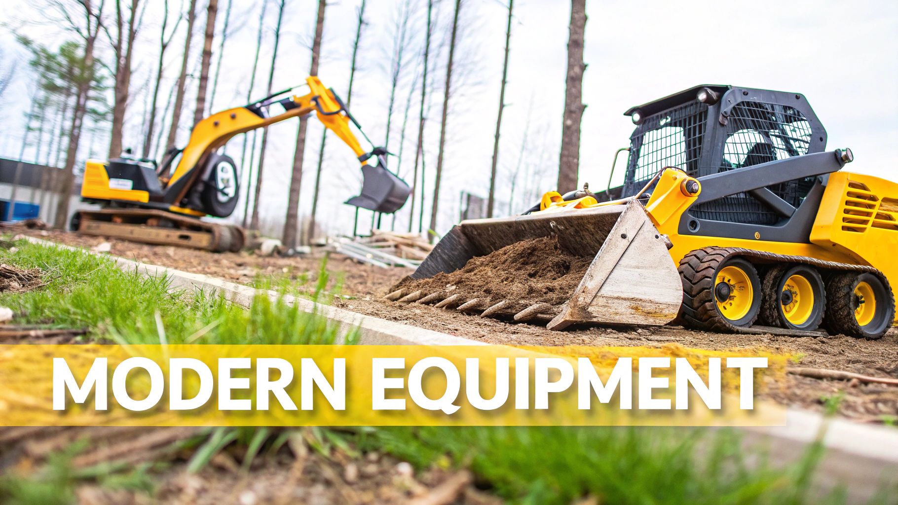 Two modern yellow construction machines, an excavator and a skid-steer loader, at a land clearing site.