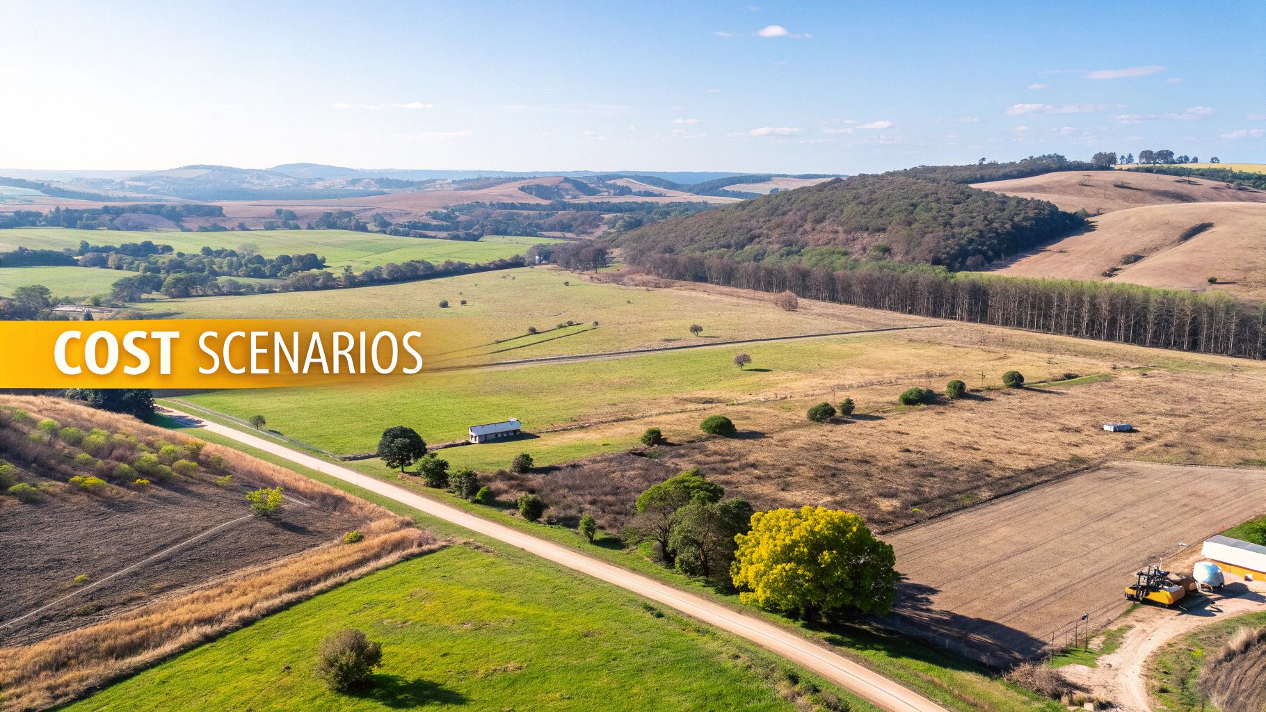 Aerial view of a vast rural landscape with green and brown fields, rolling hills, a dirt road, and scattered trees, featuring an overlay of the text "COST SCENARIOS".