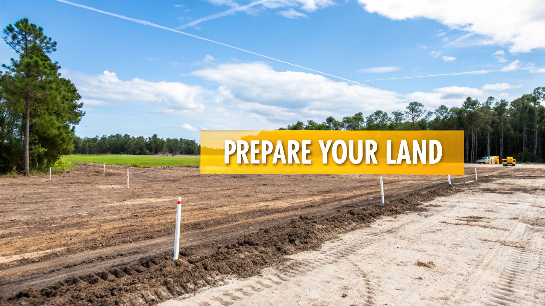 Cleared land marked with poles for a new construction site, with a banner saying 'Prepare Your Land'.