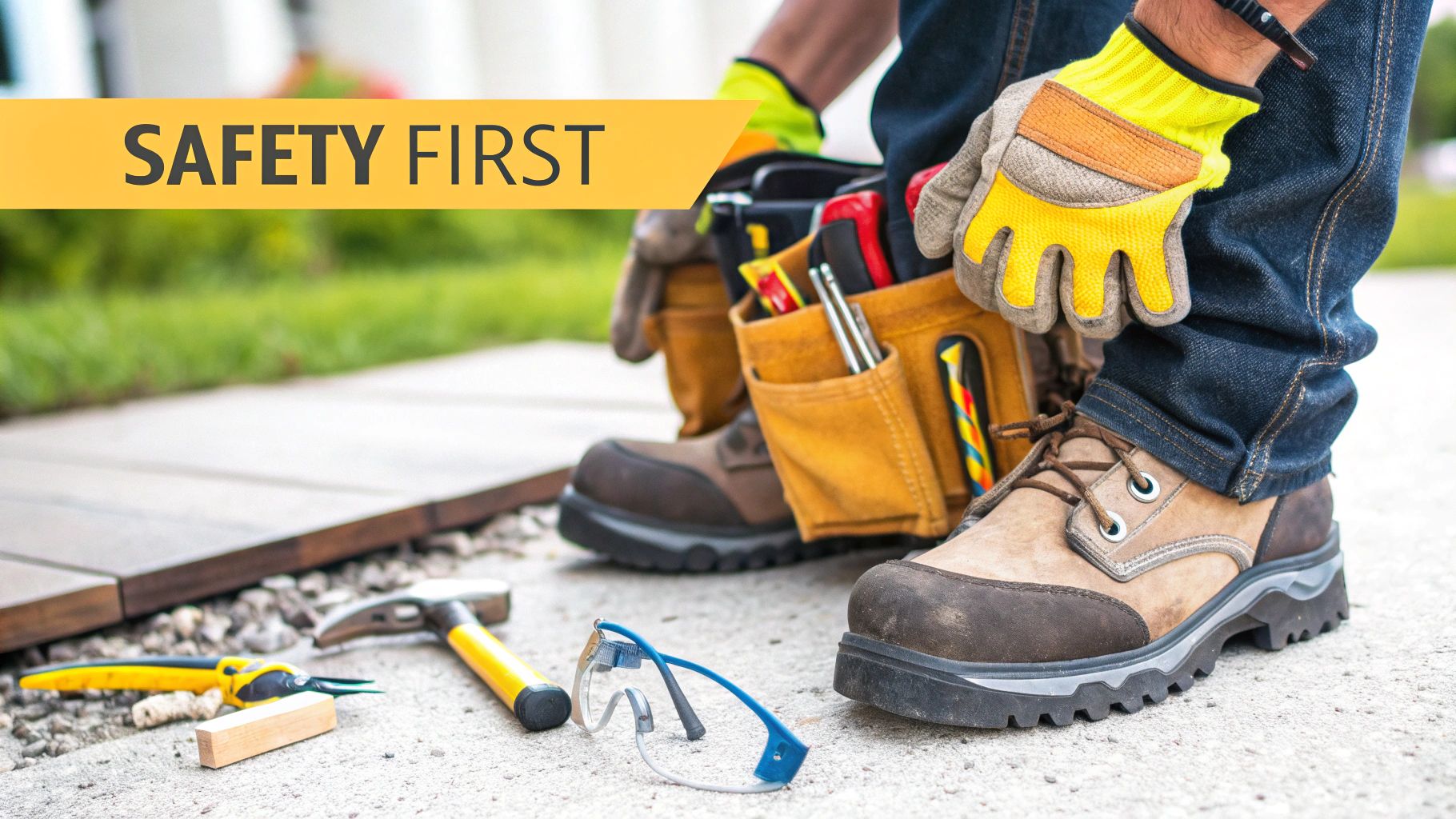 A construction worker wearing safety boots, gloves, and tool belt, with tools on ground and 'SAFETY FIRST' text.