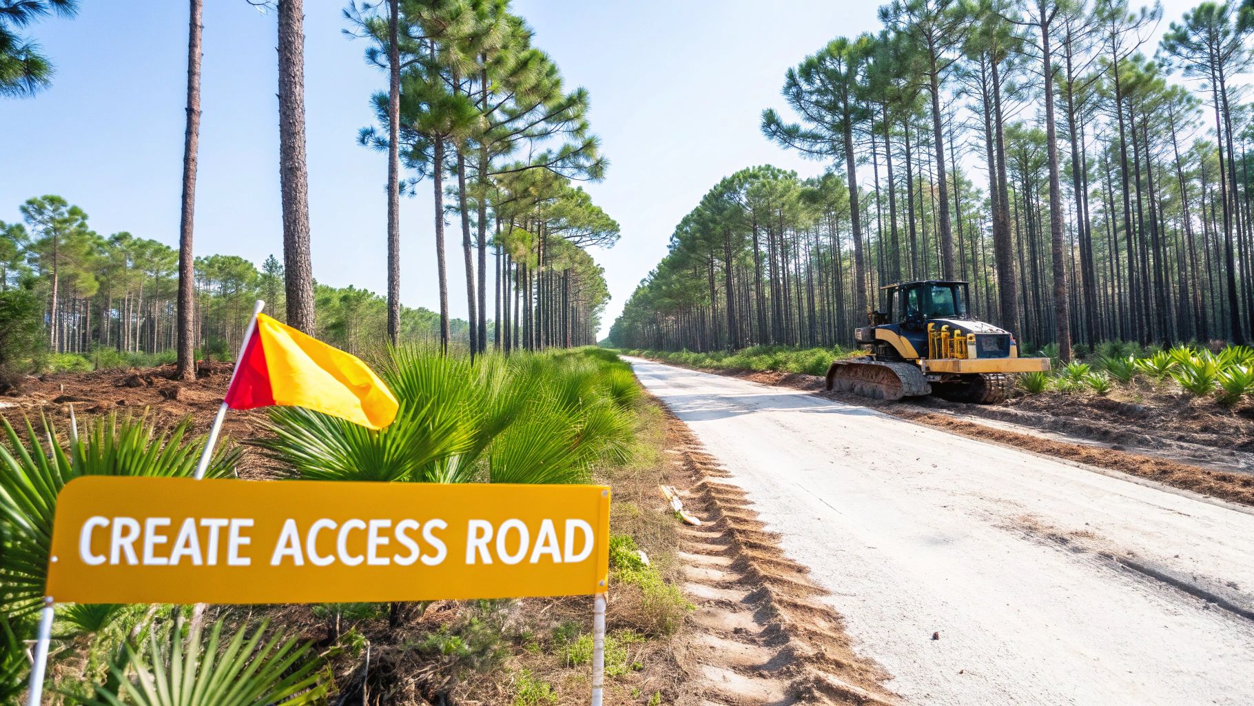 A construction sign 'CREATE ACCESS ROAD' with a bulldozer on a dirt road through a pine forest.