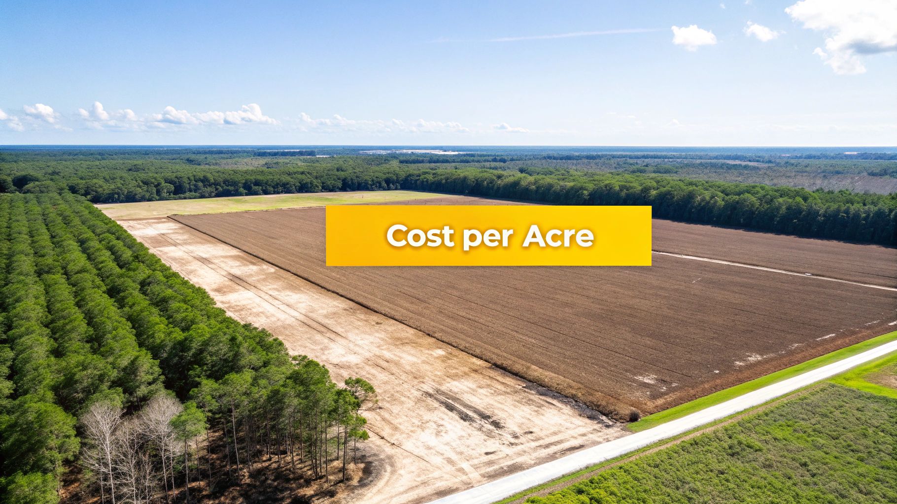 Aerial view of a tree farm and cleared land with a road, showing 'Cost per Acre' banner.
