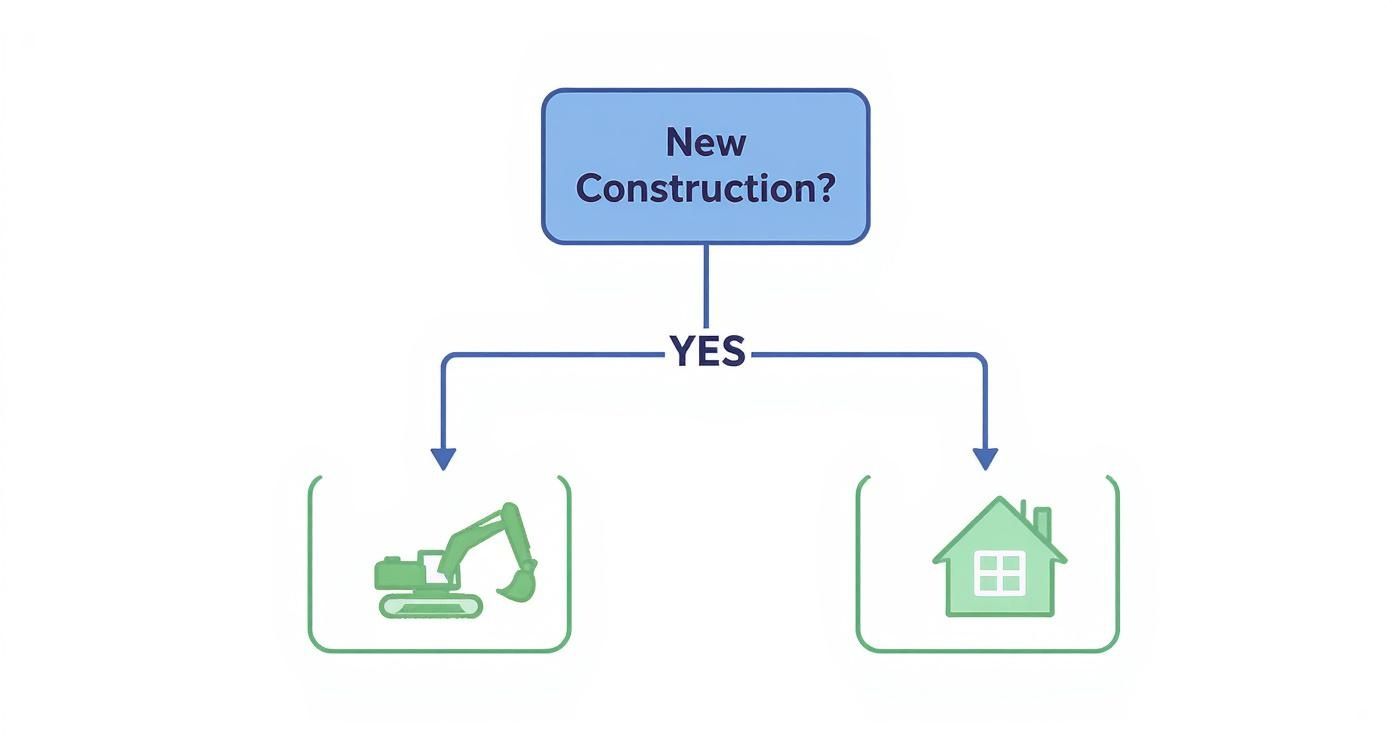 Flowchart asking 'New Construction?', leading to an excavator for ongoing construction and a house for completion.