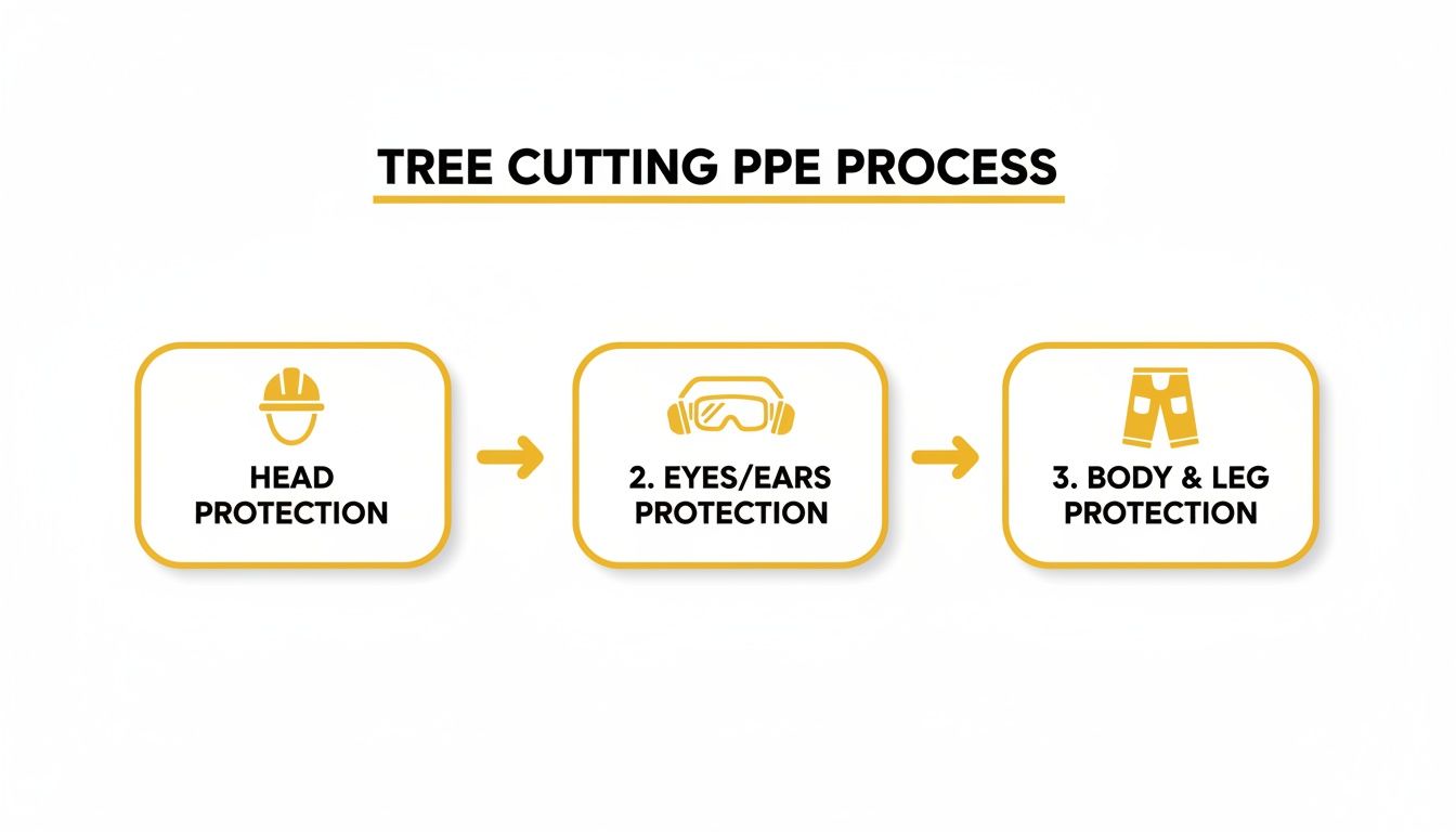A diagram illustrating the personal protective equipment process for tree cutting, showing head, eye/ear, and body/leg protection.