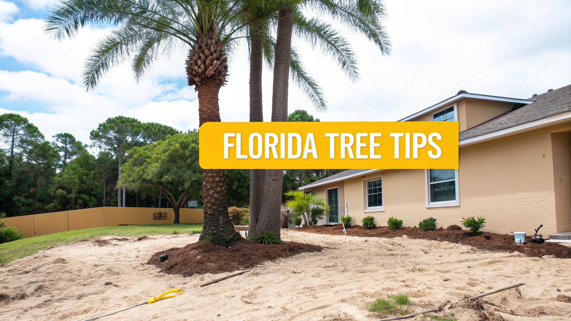 A house with palm trees and a sandy yard, featuring a 'FLORIDA TREE TIPS' banner.