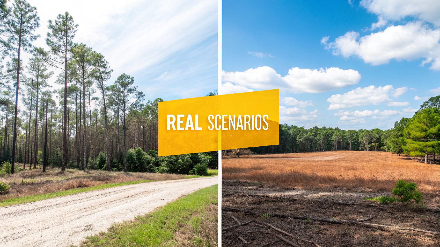 Split image showing a dense pine forest with a dirt road and a recently cleared, barren field.