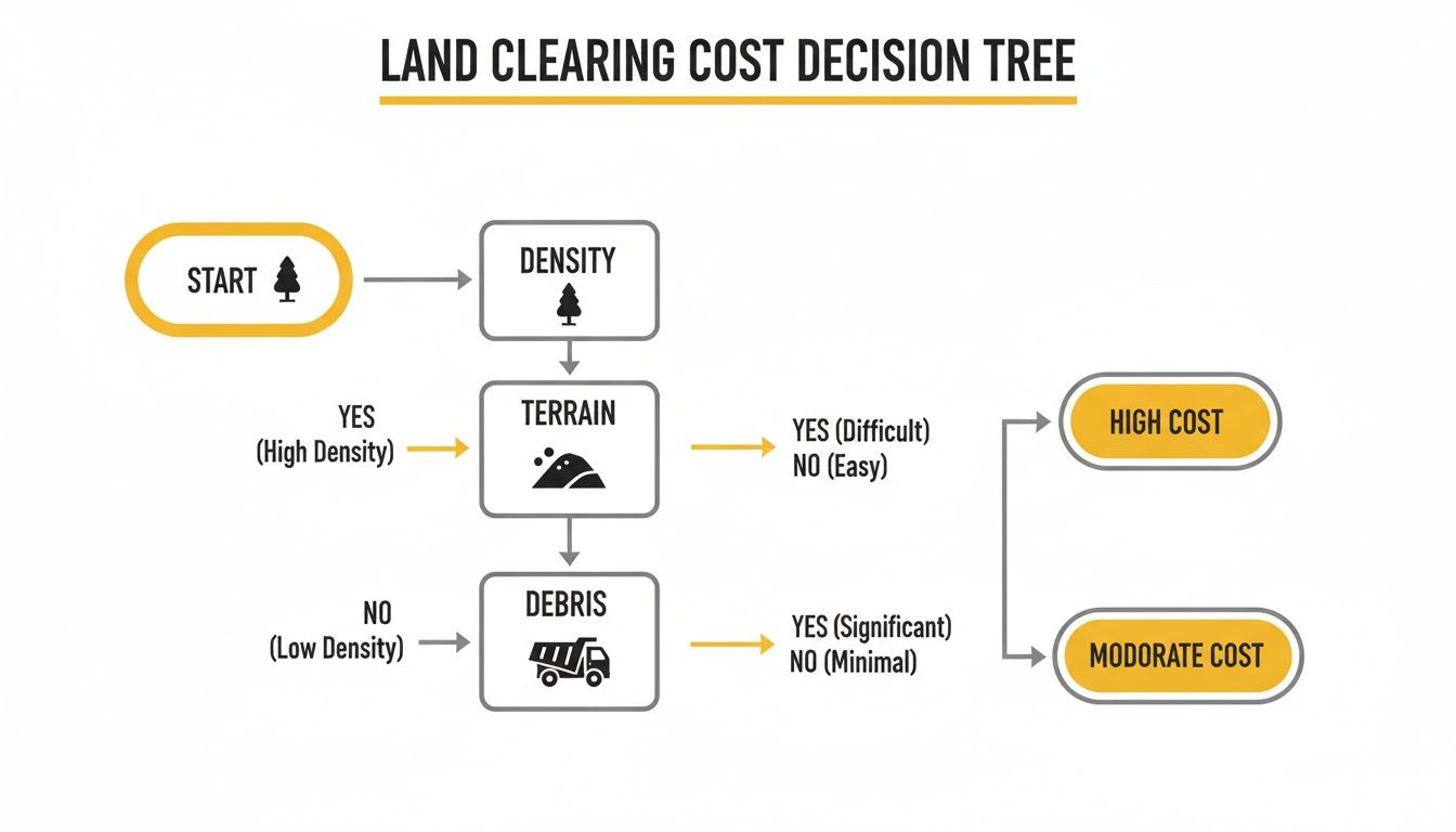A land clearing cost decision tree illustrating how density, terrain, and debris influence project expenses.