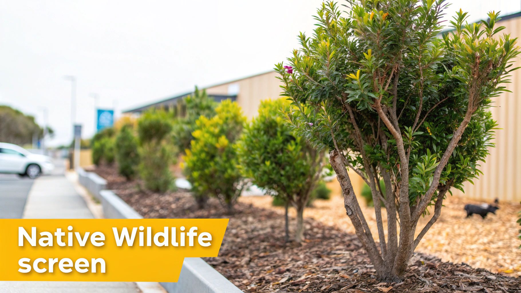A line of dense native shrubs with mulch, acting as a natural privacy screen along a walkway.
