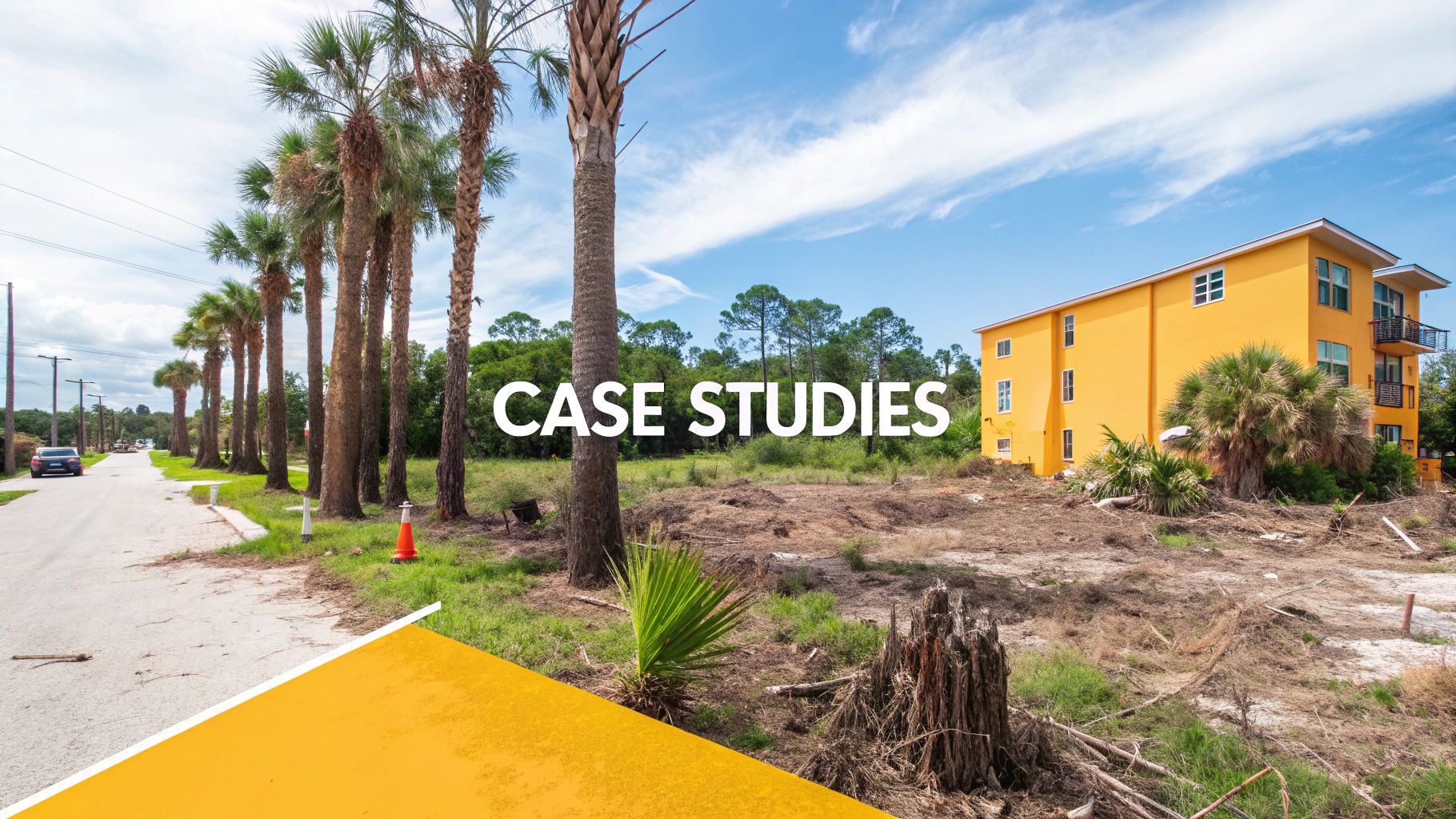 A yellow building, a street lined with palm trees, and cleared land with 'CASE STUDIES' overlay.