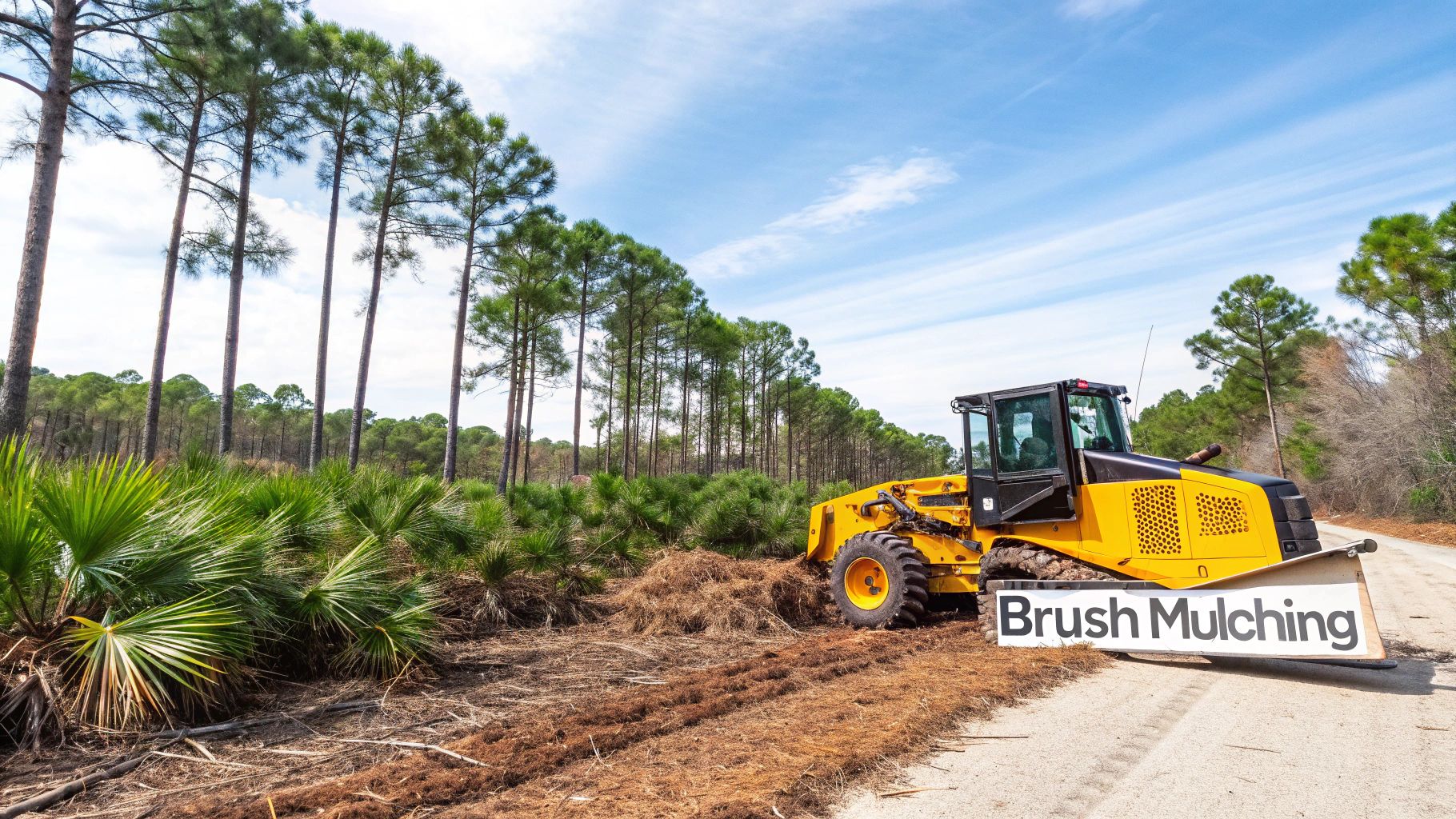 A yellow brush mulching machine on a dirt road next to a field of green shrubs and tall pine trees.