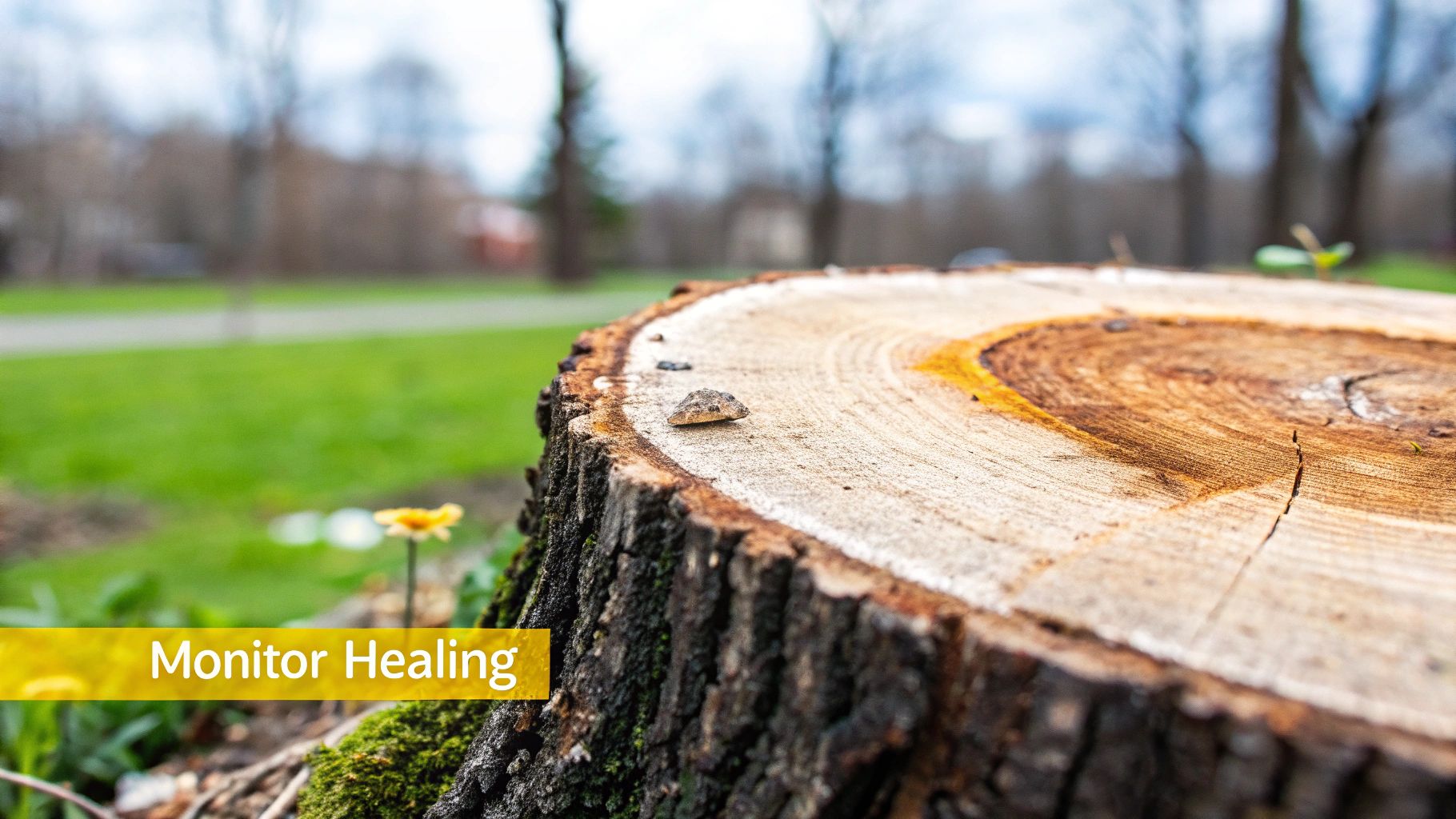 Detailed view of a freshly cut tree stump, highlighting its textured bark and distinct growth rings.