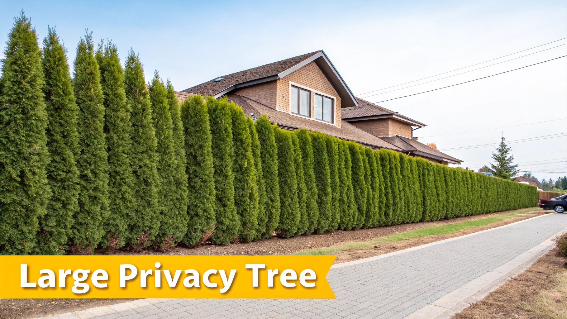 A long, uniform hedge of tall, green privacy trees in front of a house with a sidewalk.