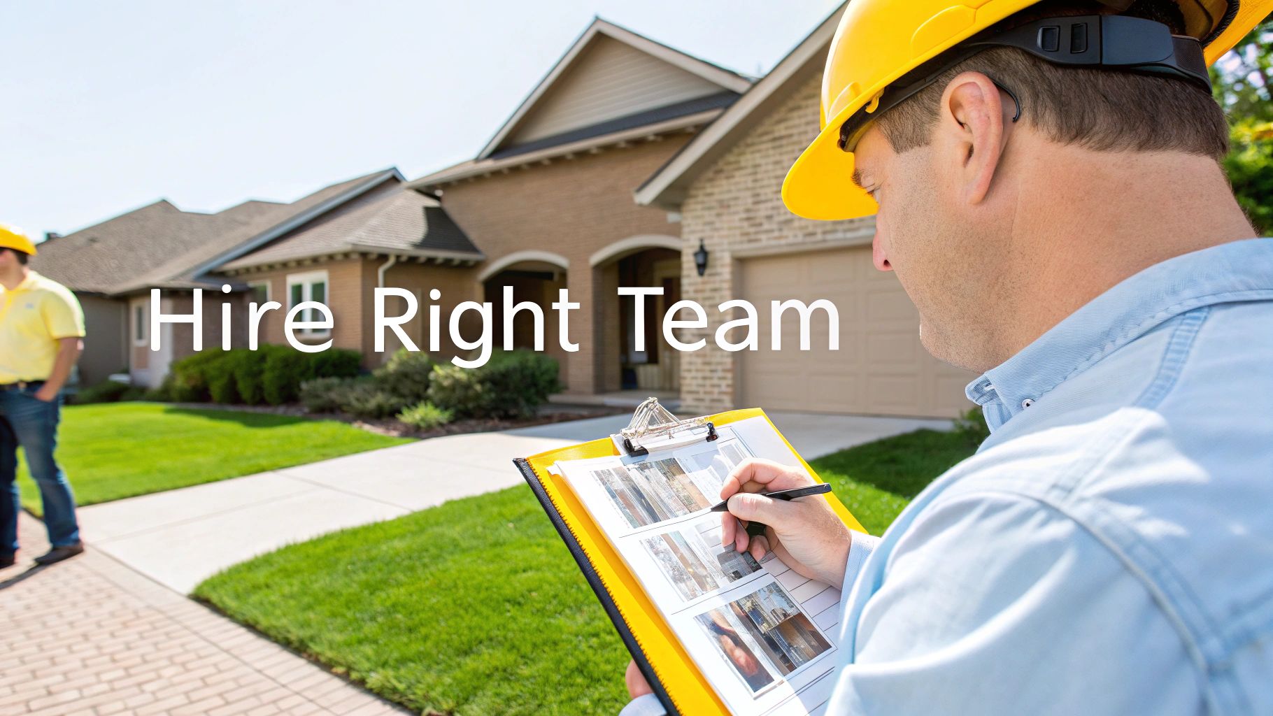 Two land clearing professionals in safety gear discussing a project on a partially cleared property.