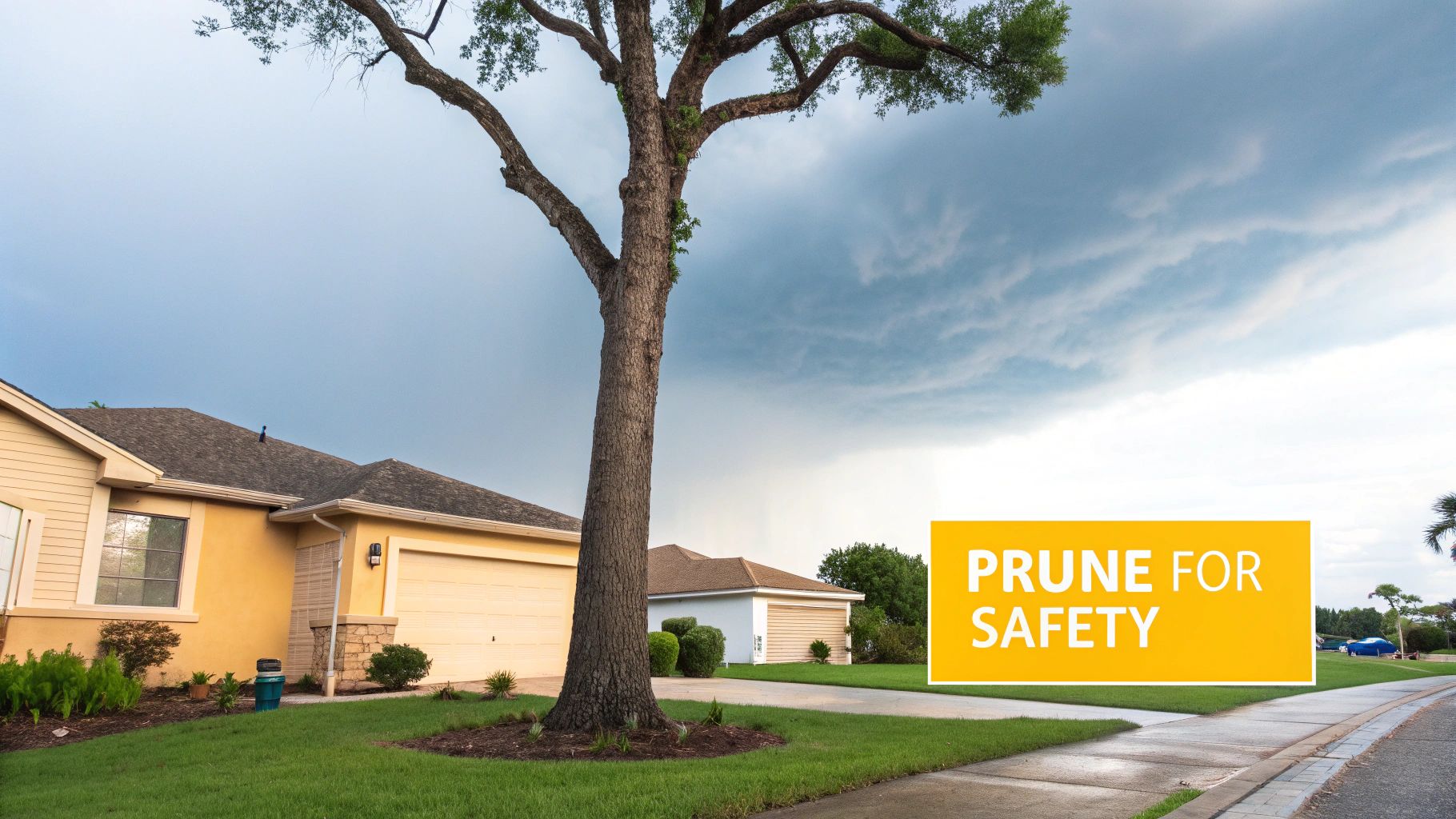 A large tree in front of a residential house under a cloudy sky, with a 'Prune for Safety' sign.